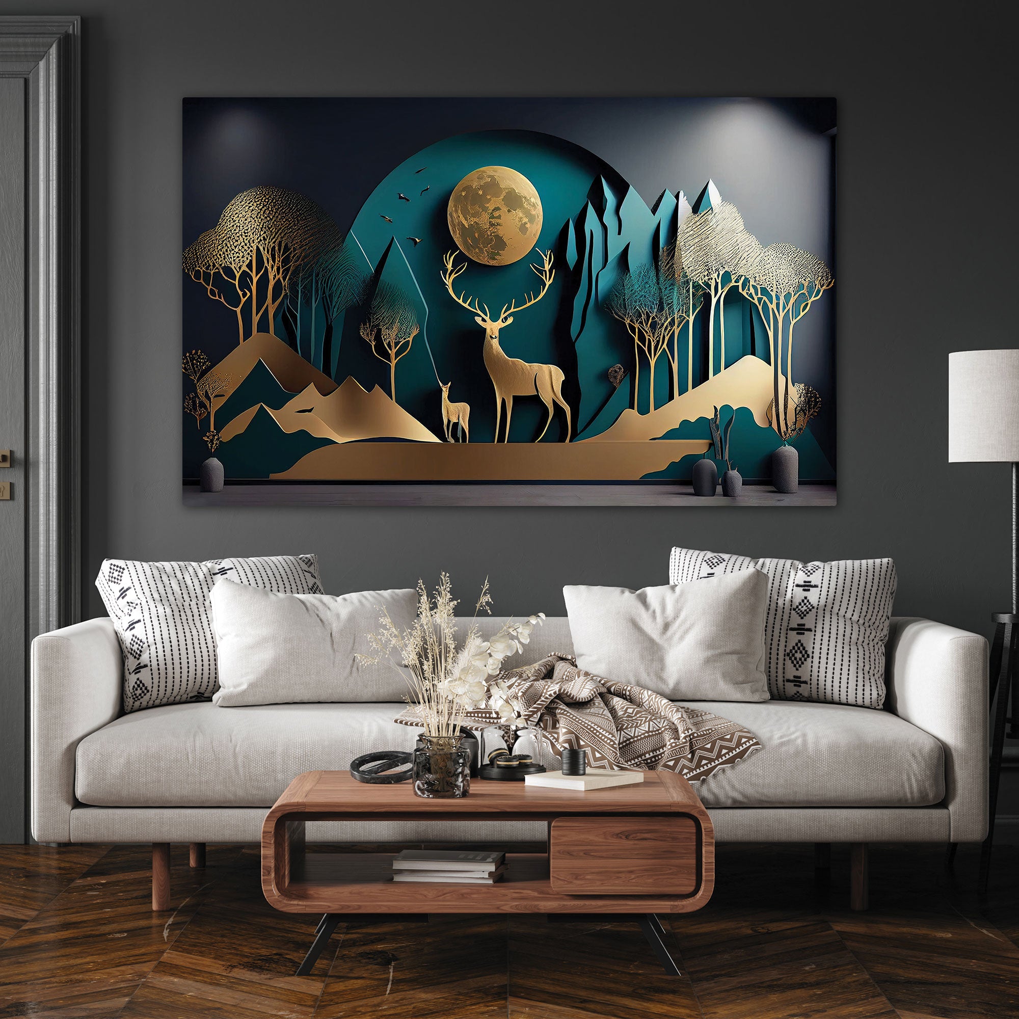 Golden deer Canvas painting with frame Big Size Wall Art for living room,Bedroom,Drawing room,Hotels