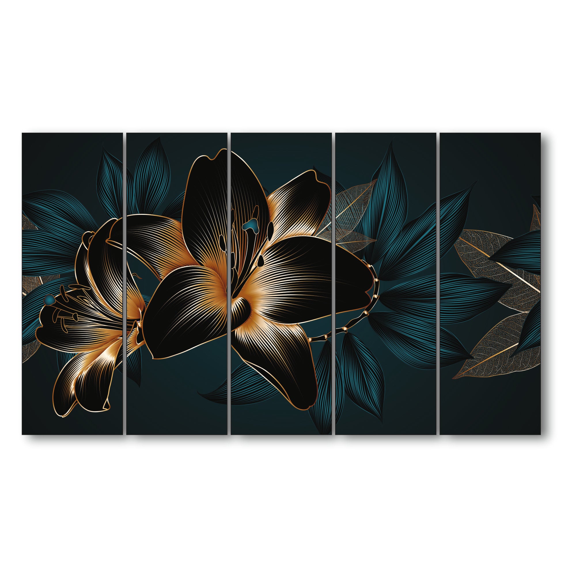 Black leaf flower Set of 5 Big Size Multiple Frames Wall Art Painting for living room,Bedroom,Drawing room,Hotels-Wooden Framed-Digital Painting