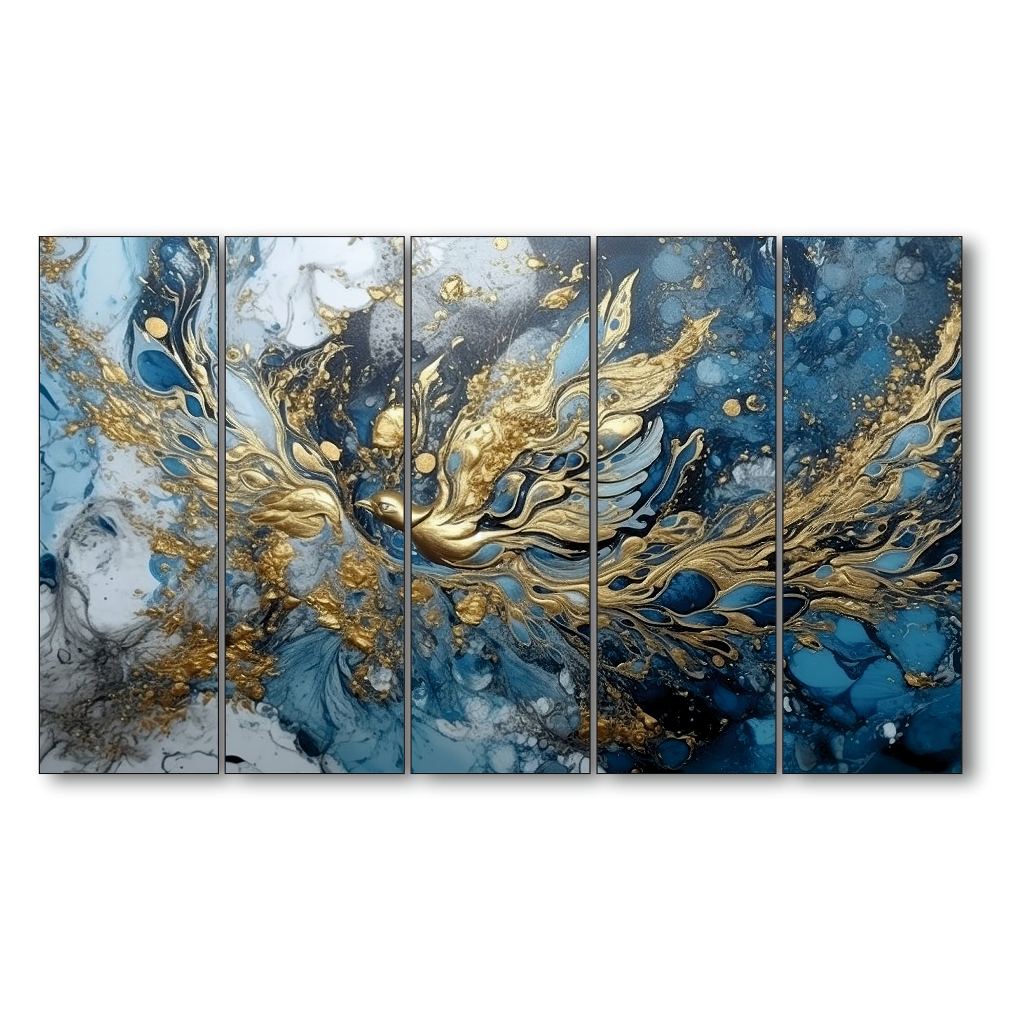 Abstract golden blue Set of 5 Big Size Multiple Frames Wall Art Painting for living room,Bedroom,Drawing room,Hotels-Wooden Framed-Digital Painting