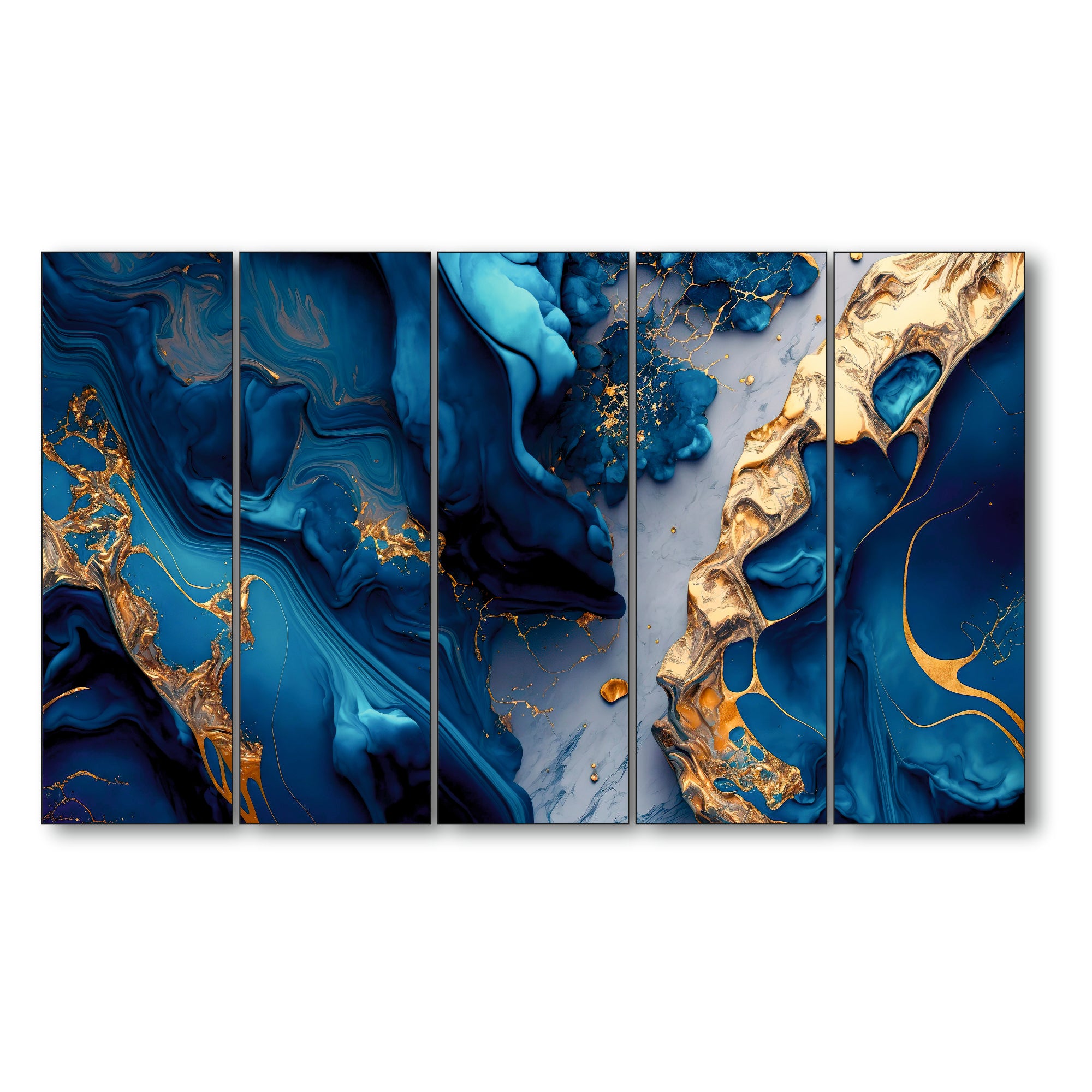 Blue Gold sparkle Set of 5 Big Size Multiple Frames Wall Art Painting for living room,Bedroom,Drawing room,Hotels-Wooden Framed-Digital Painting