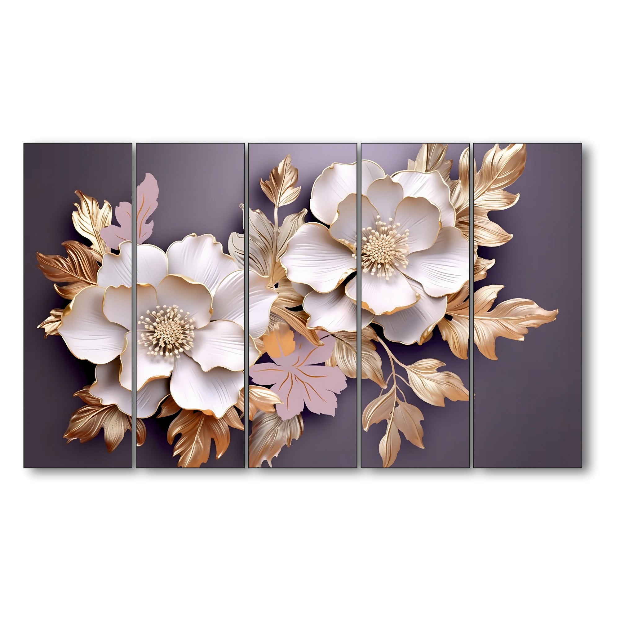 Floral Set of 5 Big Size Multiple Frames Wall Art Painting for living room,Bedroom,Drawing room,Hotels-Wooden Framed-Digital Painting