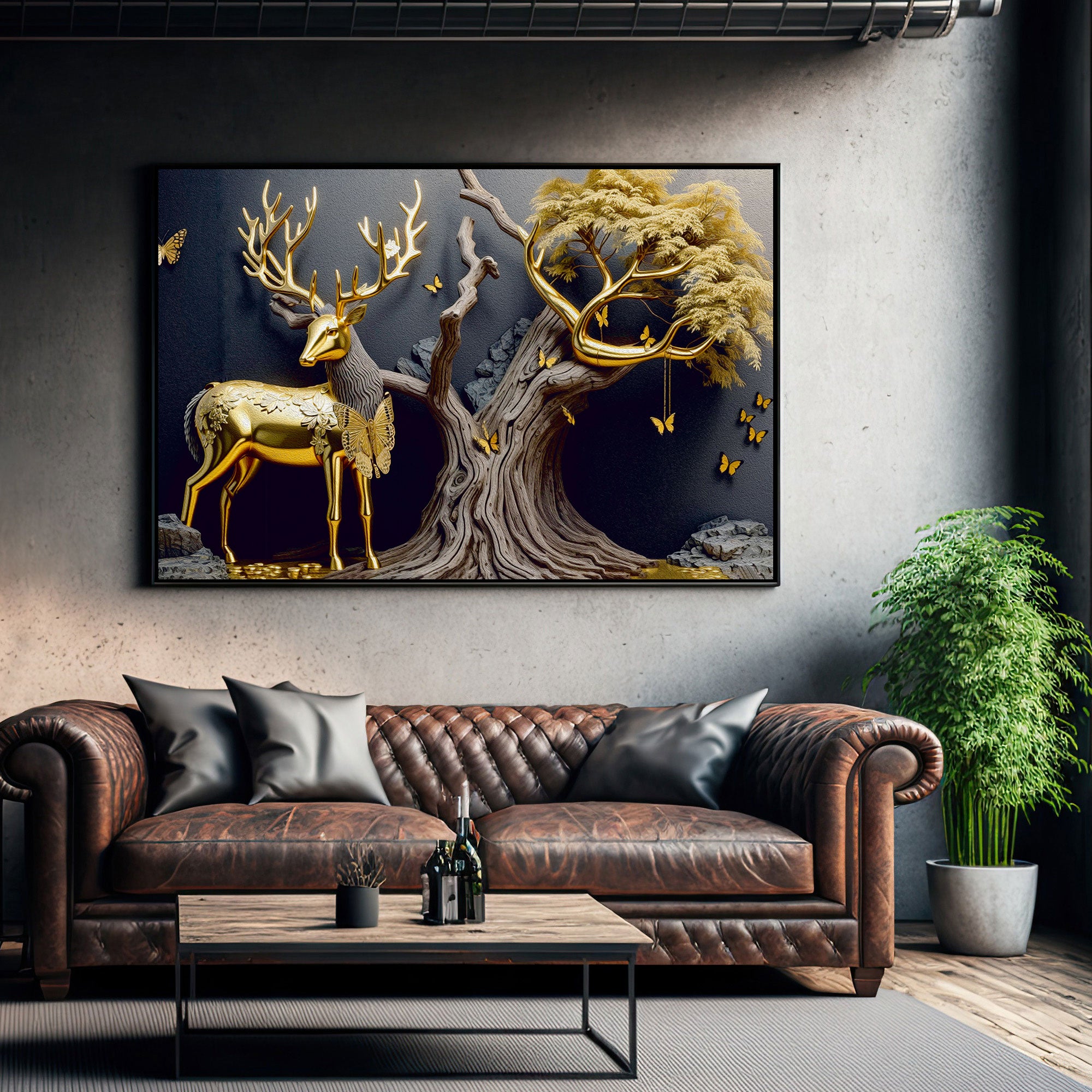Golden deer vaastu Canvas painting with frame Big Size Wall Art for living room,Bedroom,Drawing room,Hotels
