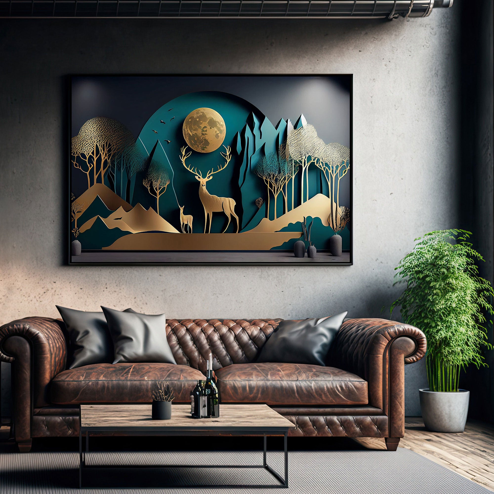 Golden deer Canvas painting with frame Big Size Wall Art for living room,Bedroom,Drawing room,Hotels