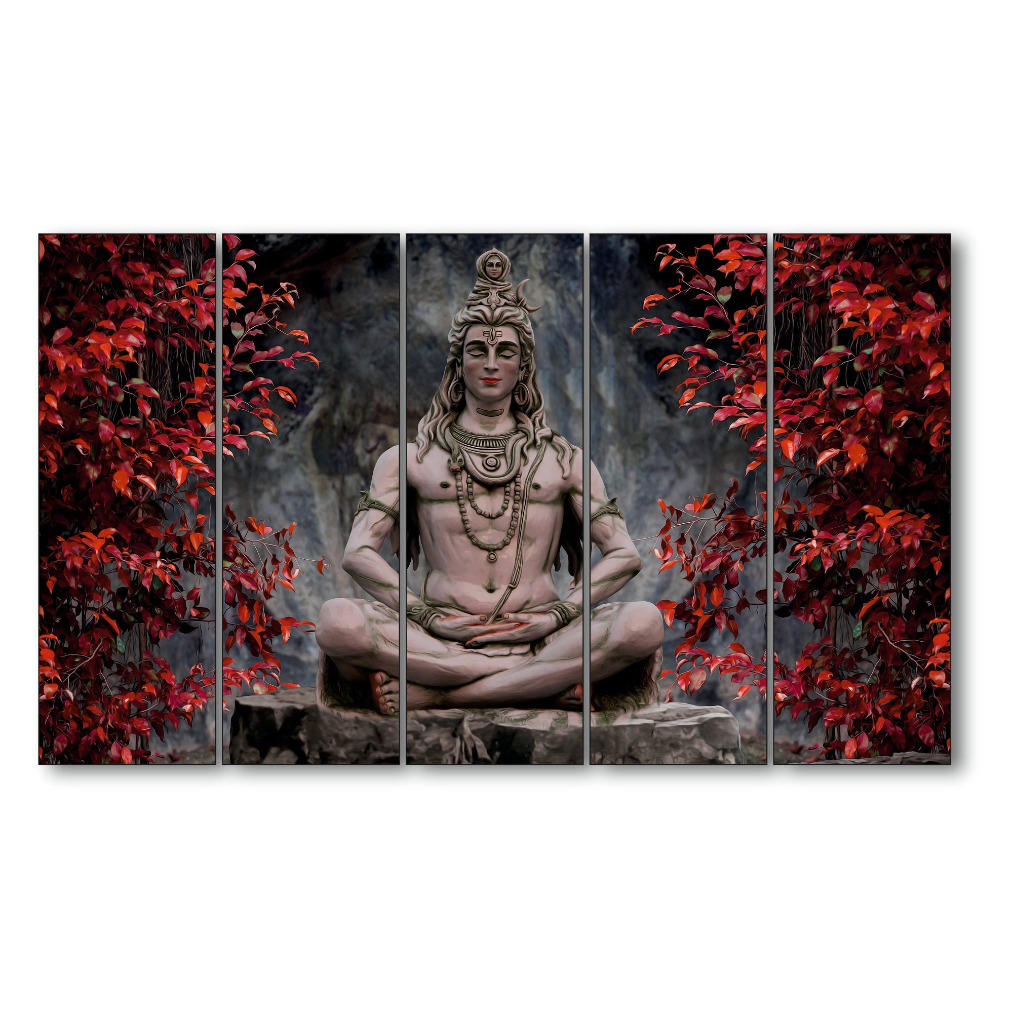 Colour Lord Shiva Meditating Set of 5 Big Size Multiple Frames Wall Art Painting for living room,Bedroom,Drawing room,Hotels-Wooden Framed-Digital Painting