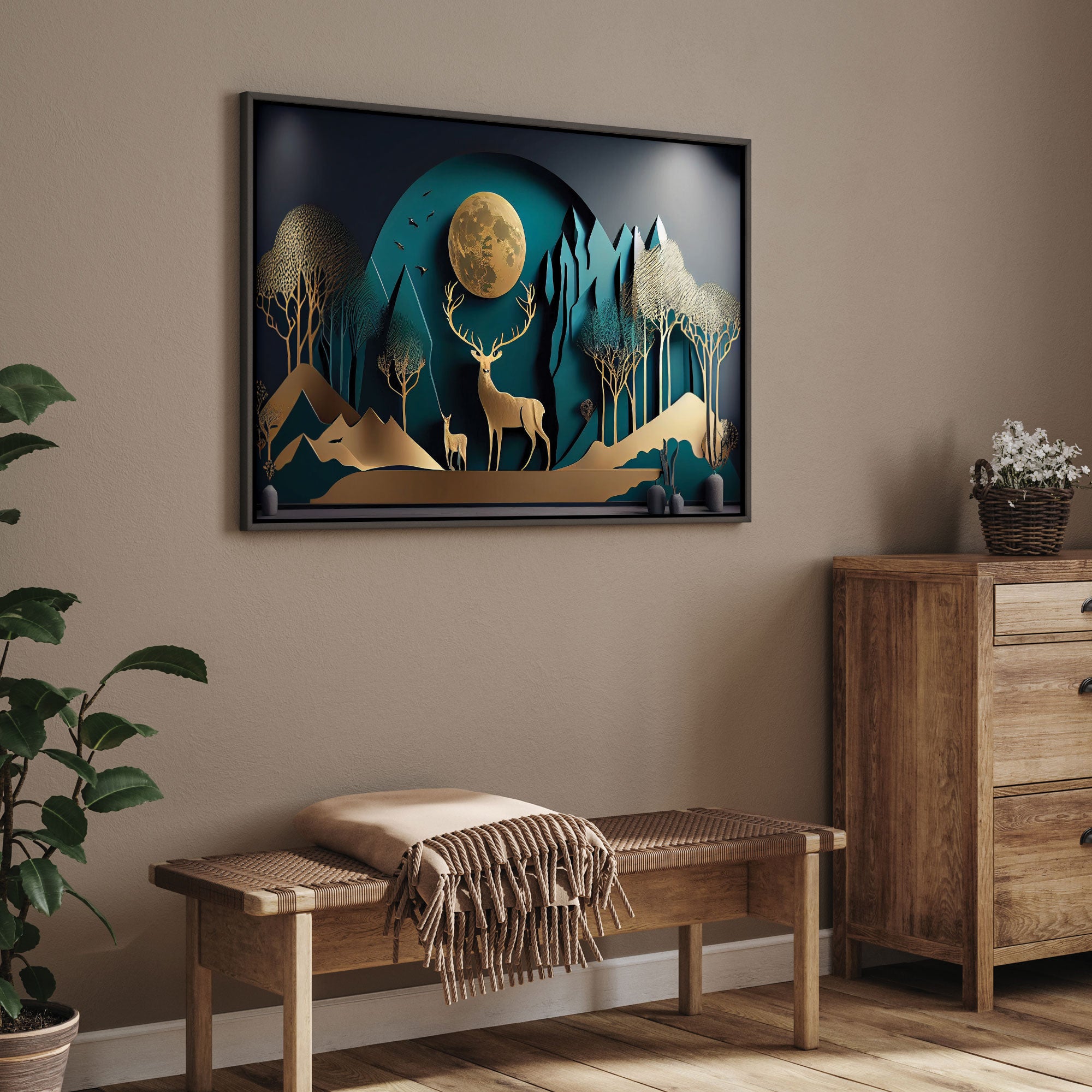 Golden deer Canvas painting with frame Big Size Wall Art for living room,Bedroom,Drawing room,Hotels
