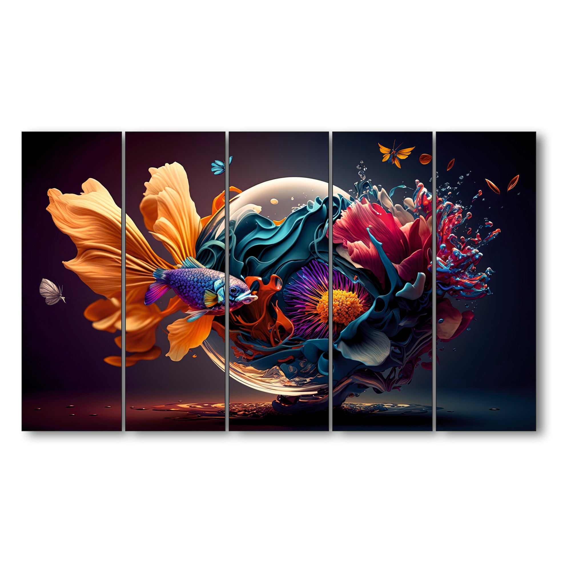 Aqua fish world Set of 5 Big Size Multiple Frames Wall Art Painting for living room,Bedroom,Drawing room,Hotels-Wooden Framed-Digital Painting