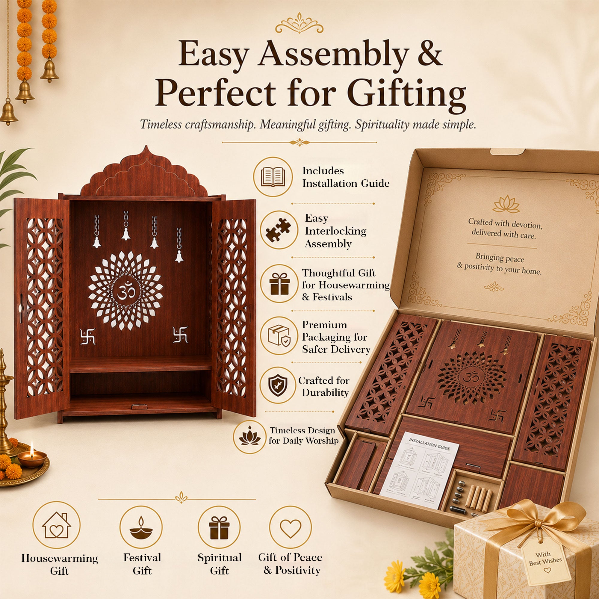 The Castle Decor Wooden Mandir for Home, Premium MDF Home Temple with Double Doors for Pooja Room, Wall Hanging & Tabletop Temple, Matte Finish, 16.5 x 24.5 x 10.5 Inch