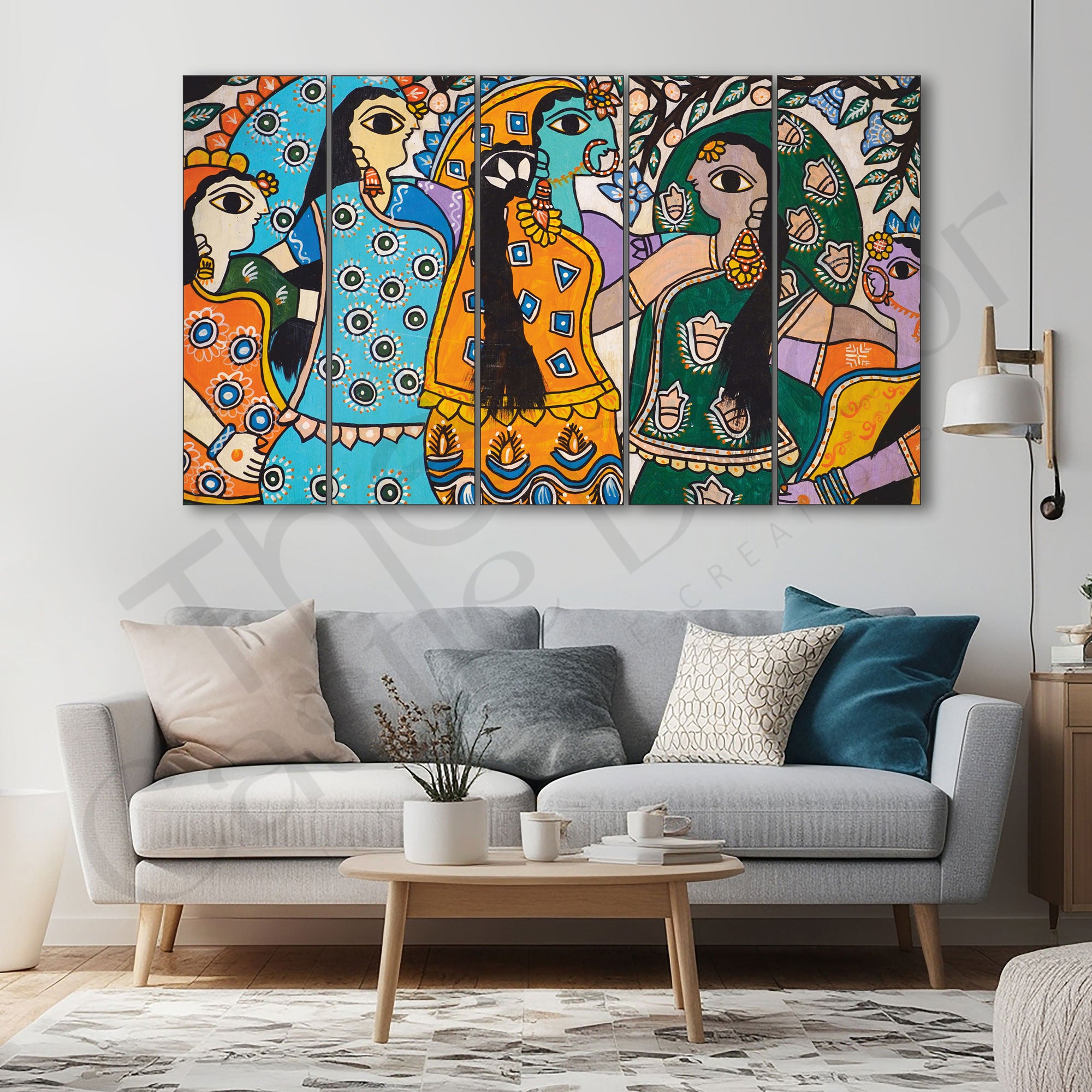 Madhubani painting from Mithila Bihar Set of 5 Big Size Multiple Frames Wall Art Painting for living room,Bedroom,Drawing room,Hotels-Wooden Framed-Digital Painting