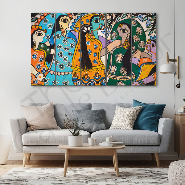 Madhubani painting from Mithila Bihar Set of 5 Big Size Multiple Frames Wall Art Painting for living room,Bedroom,Drawing room,Hotels-Wooden Framed-Digital Painting
