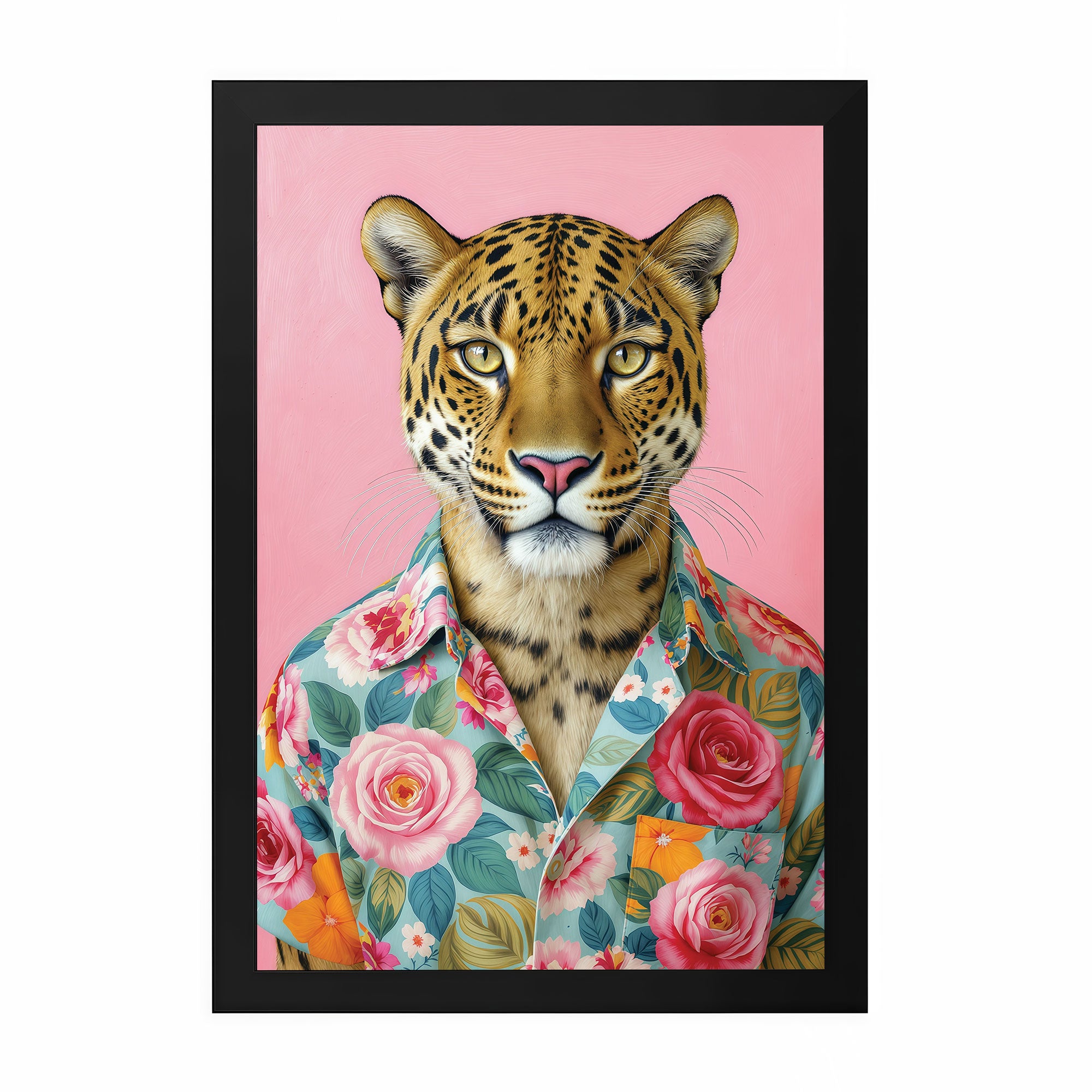 The Castle Decor Stylish Leopard in Floral Hawaiian Shirt Framed Wall Art – Cool Jungle Wild Cat Portrait Framed Poster, Vibrant Pink Bathroom & Living Room Wall Decor
