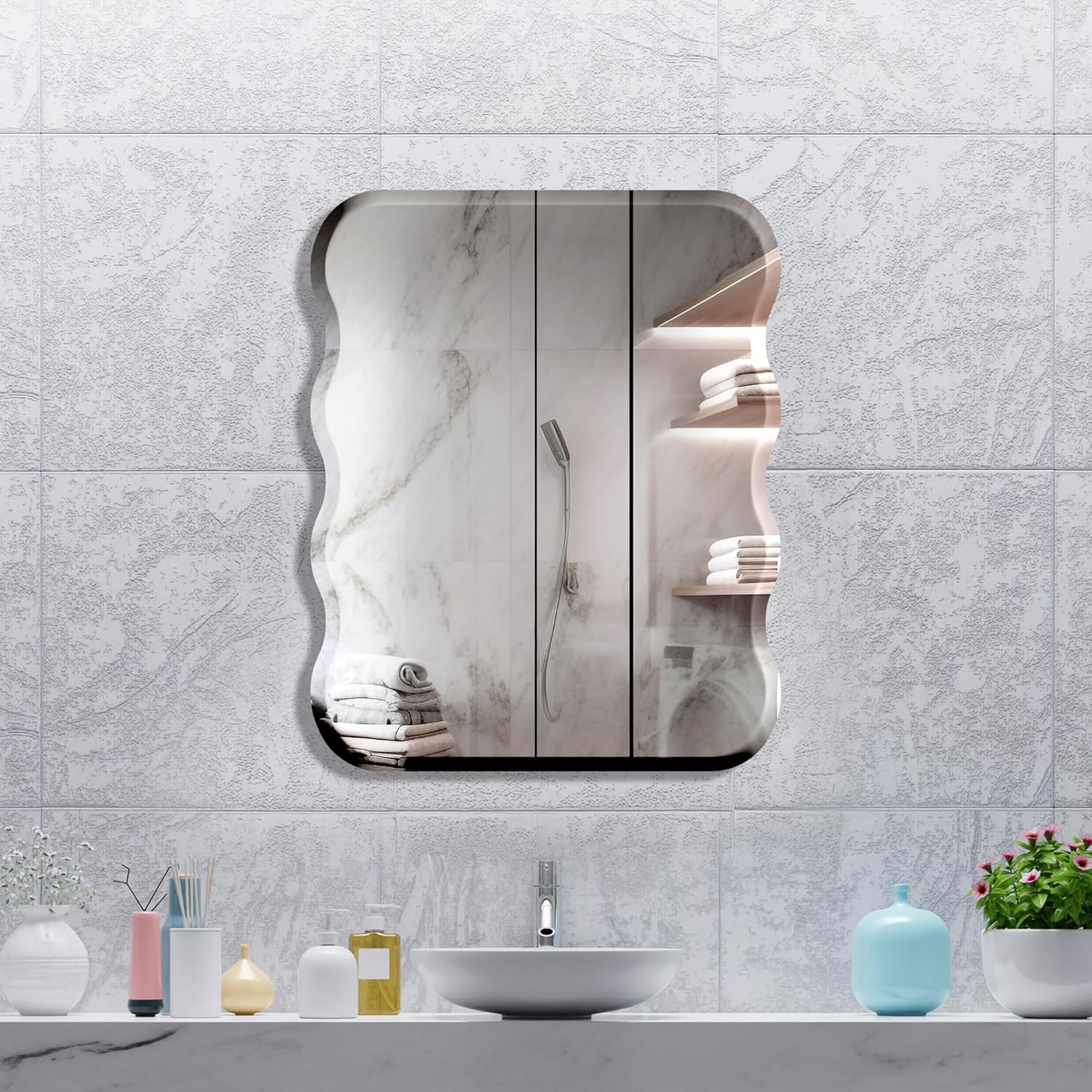 The Castle Decor Wave Glass Mirror for Bathroom Wall, Frameless 5mm Silver Glass Mirror with Beveled Edges, 18x24 Inch
