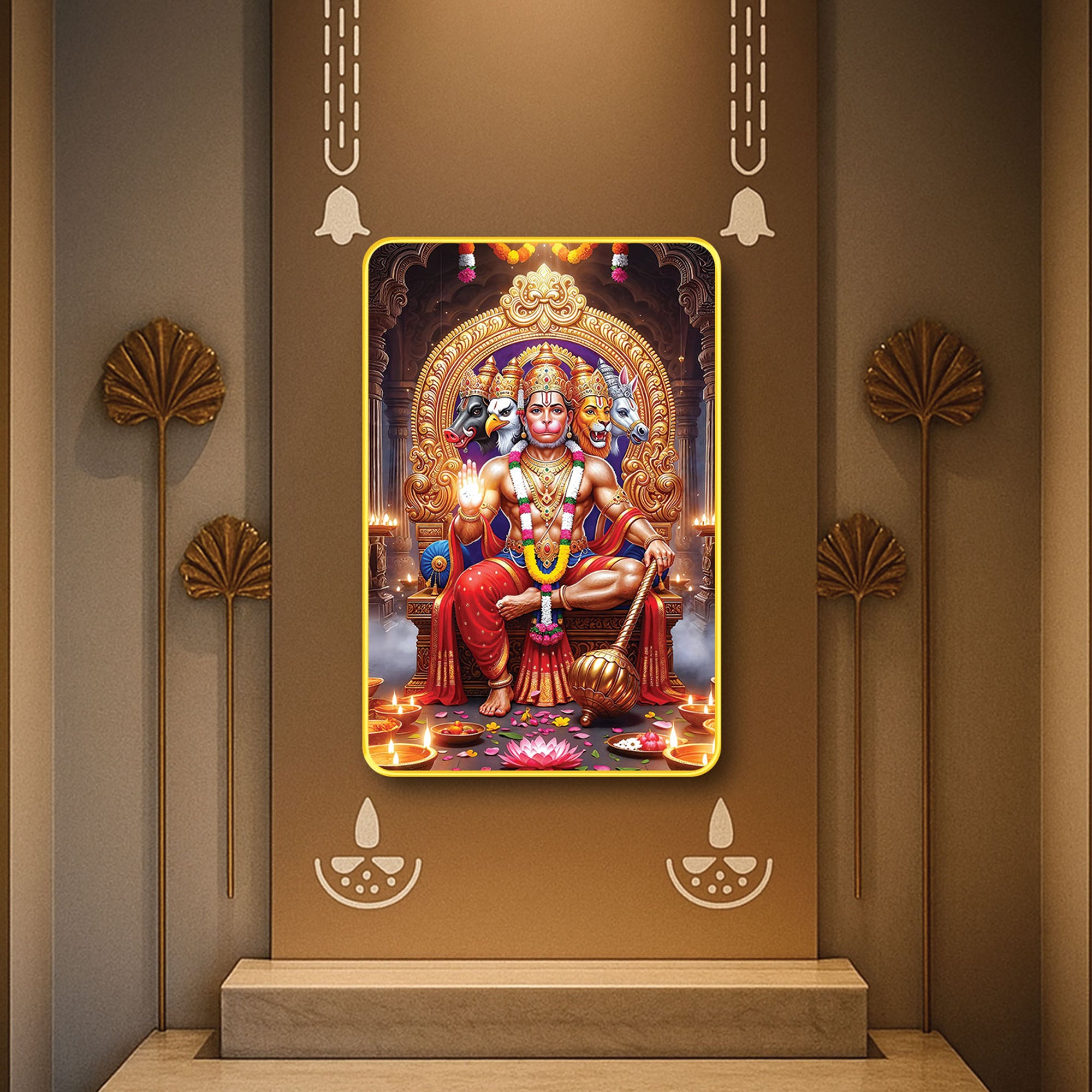 The Castle Decor Panchmukhi Hanuman Ji Digital Print Wall Frame with Sparkle Lamination & Golden Slim Frame | Devotional Wall Art for Home Temple & Festive Gifting 20X30 Inches