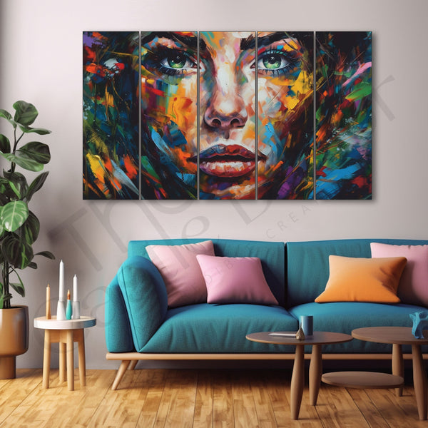 Multicolour woman face Abstract Art painting Set of 5 Big Size Multiple Frames Wall Art Painting for living room,Bedroom,Drawing room,Hotels-Wooden Framed-Digital Painting