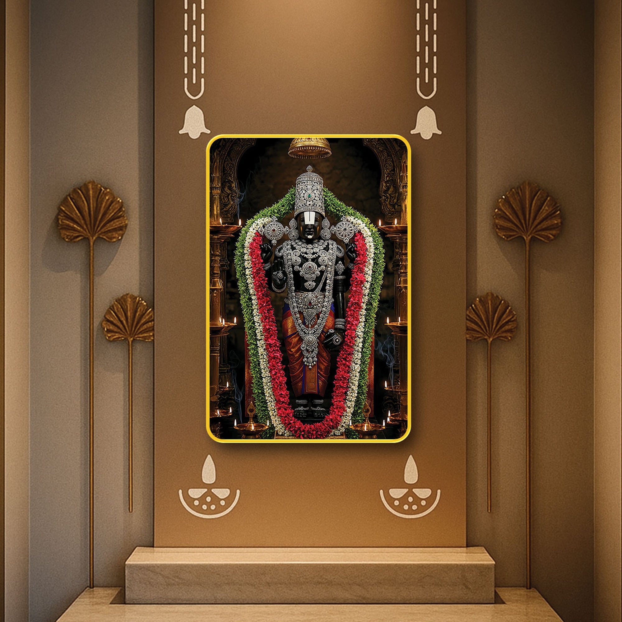 Lord Venkateshwara Tirupati Balaji Wall Frame | Premium Sparkle Laminated Digital Art in Golden Slim Frame | Sacred Temple & Home Décor for Living Room, Bedroom & Office 20X30 Inches