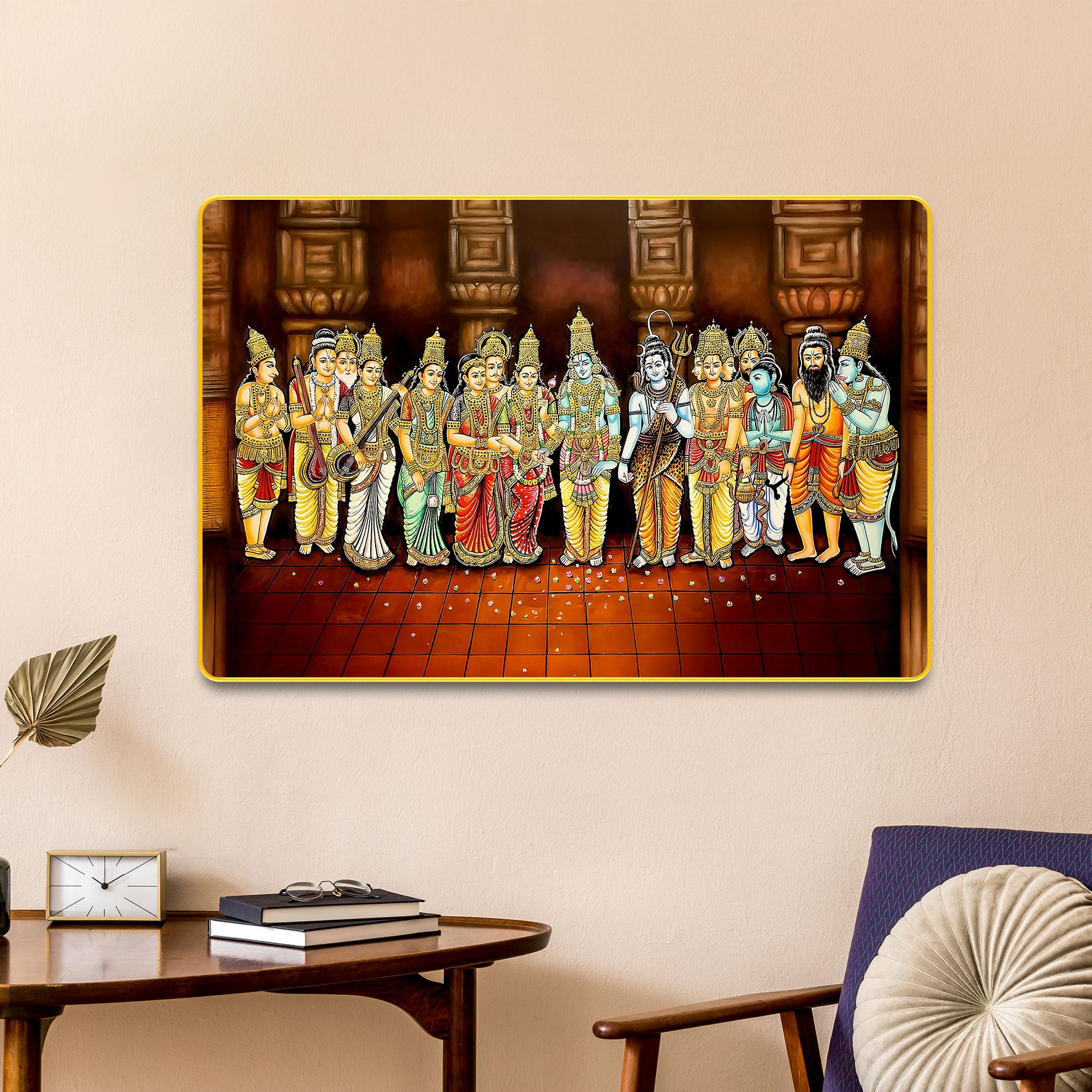 The Castle Decor Lord Shiva Kalyanam Digital Print With Sparkle Lamination Wall Art | Premium Golden Slim Frame | Divine Hindu God Wall Décor for Home, Living Room & Pooja Room 20X30 Inches