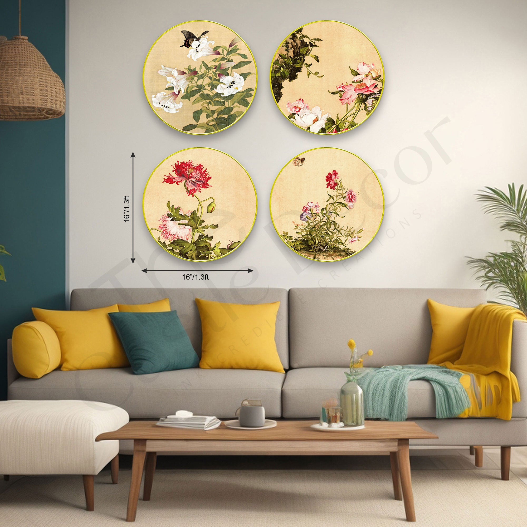 Flowers Sparkle Wooden Wall Plates Set of 4 for Home Decoration Art-75