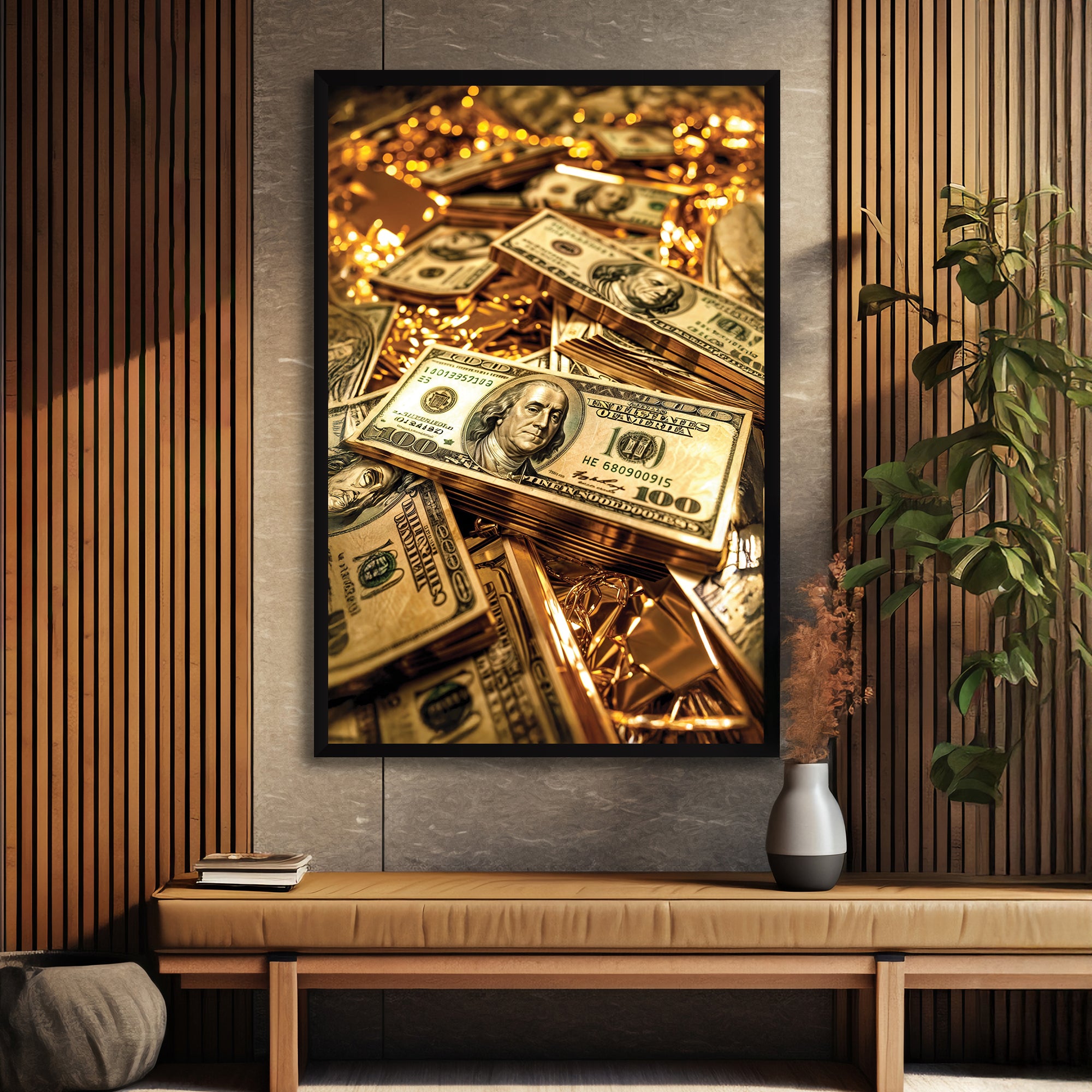 The Castle Decor Luxury Money Wall Art | Gold Bars & Dollar Stacks Modern Painting | Premium Big Size Framed for Living Room, Office & Hotels | Wealth & Prosperity Wall Decoration (20x30 Inches)