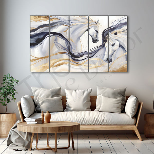 Modern golden horses painting with frame 5 Big Size Multiple Frames Wall Art Painting for living room,Bedroom,Drawing room,Hotels-Wooden Framed-Digital Painting 27x48