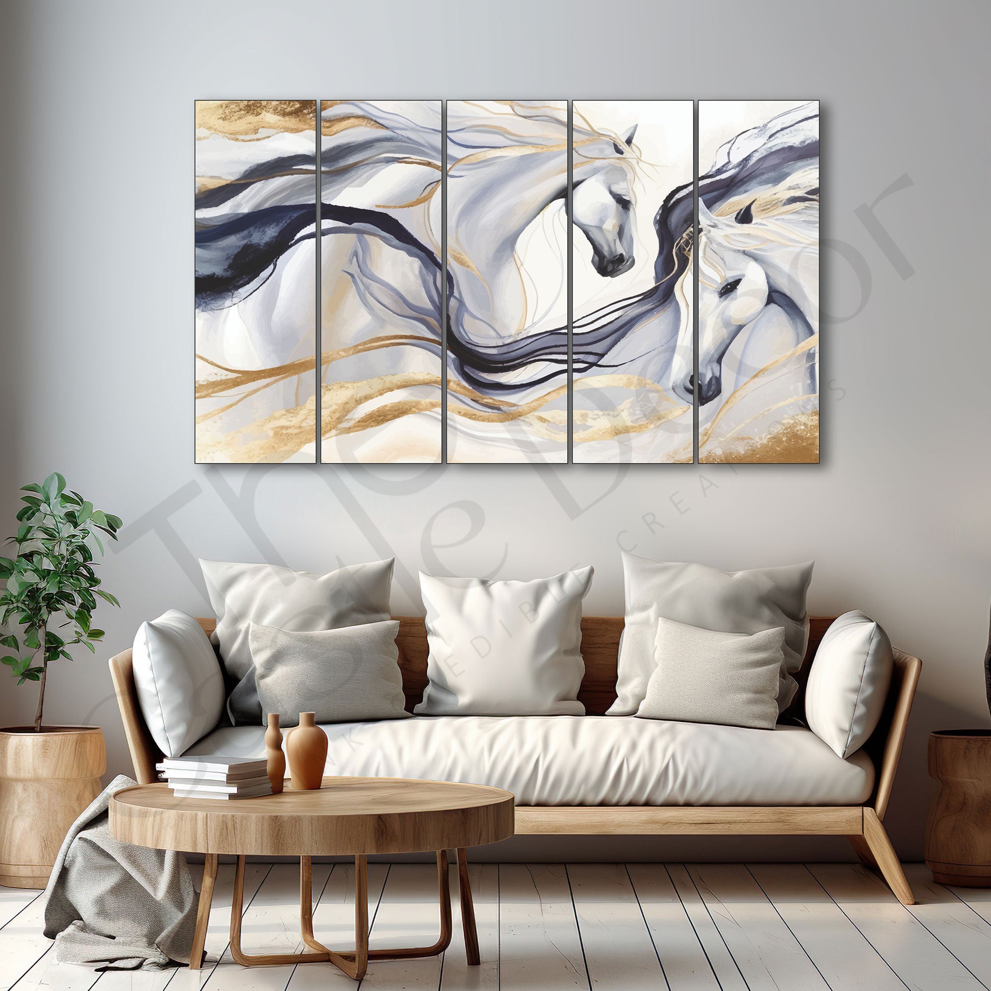 Modern golden horses painting with frame 5 Big Size Multiple Frames Wall Art Painting for living room,Bedroom,Drawing room,Hotels-Wooden Framed-Digital Painting