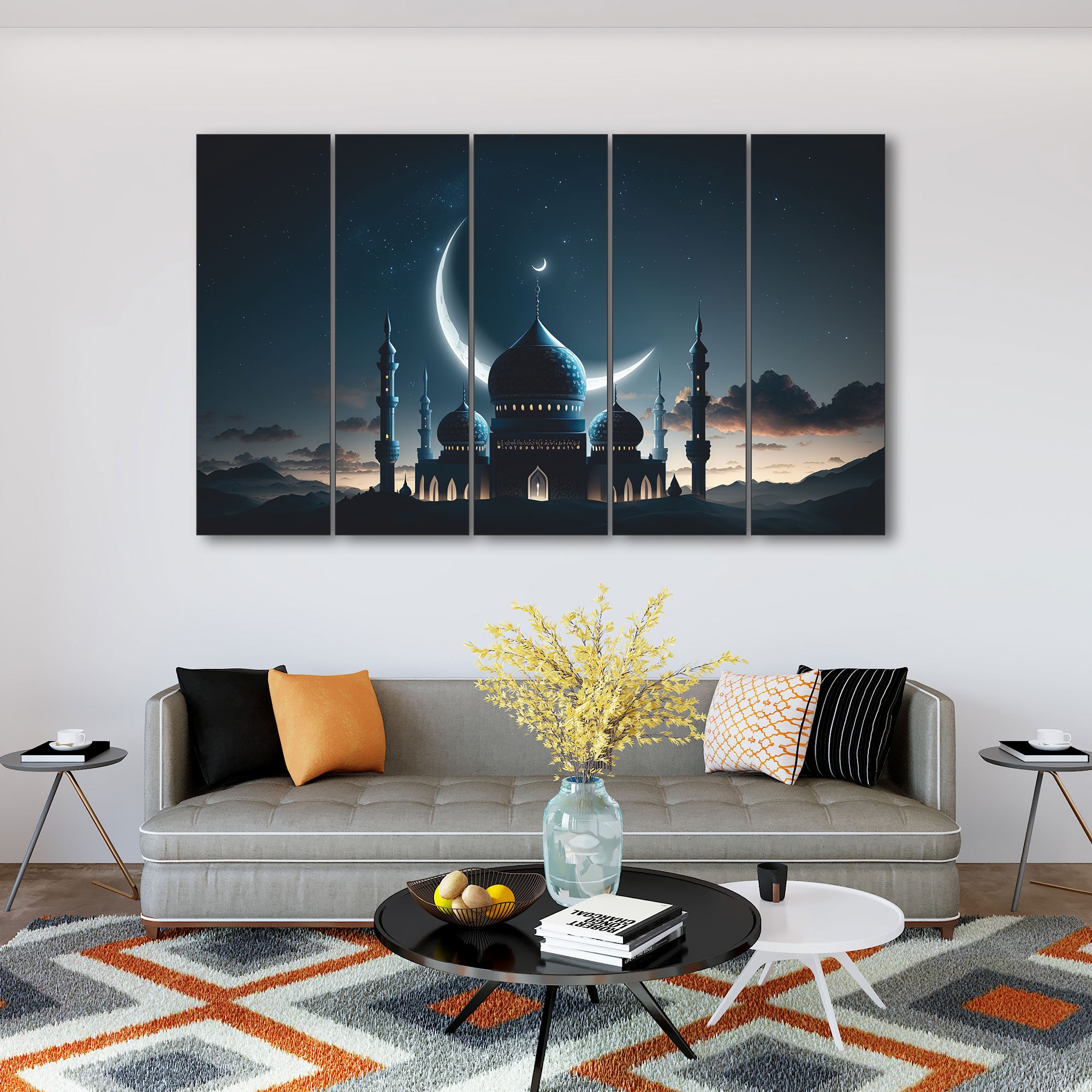Islamic Wall Art, Beautiful, Mosque skyline Set of 5 Big Size Multiple Frames Wall Art Painting for living room,Bedroom,Drawing room,Hotels-Wooden Framed-Digital Painting 27x48"