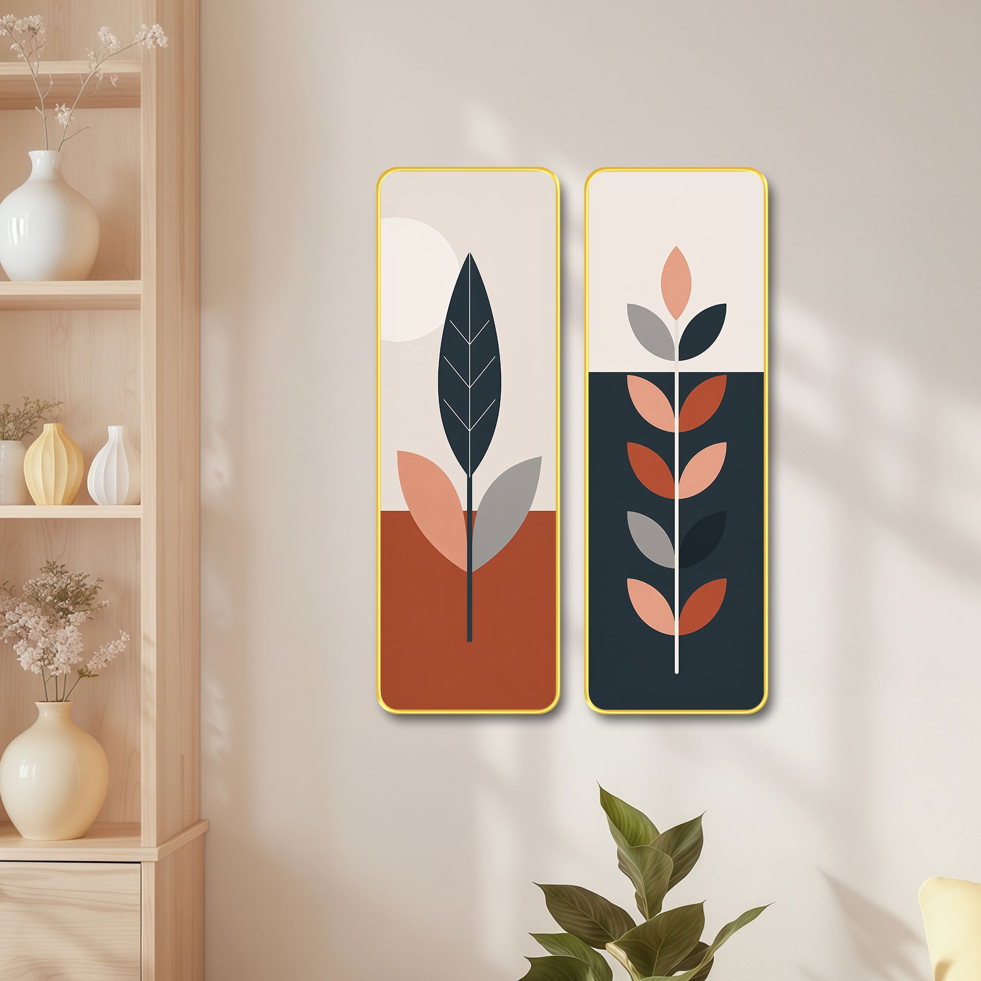 The Castle Decor Modern Boho Wall Art Set of 2 for Living Room | Minimalist Botanical Leaf Painting | Abstract Nordic Wall Decor for Bedroom Office Hallway Home Decoration