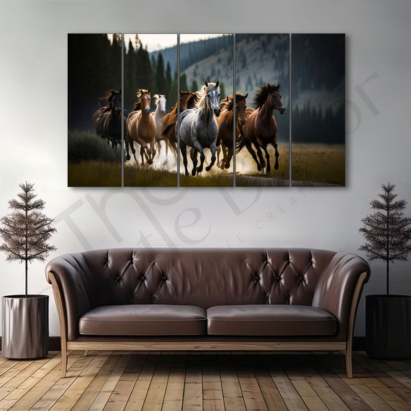 Vaastu 7 Running Horses Modern View Painting Set of 5 for Home Decoration