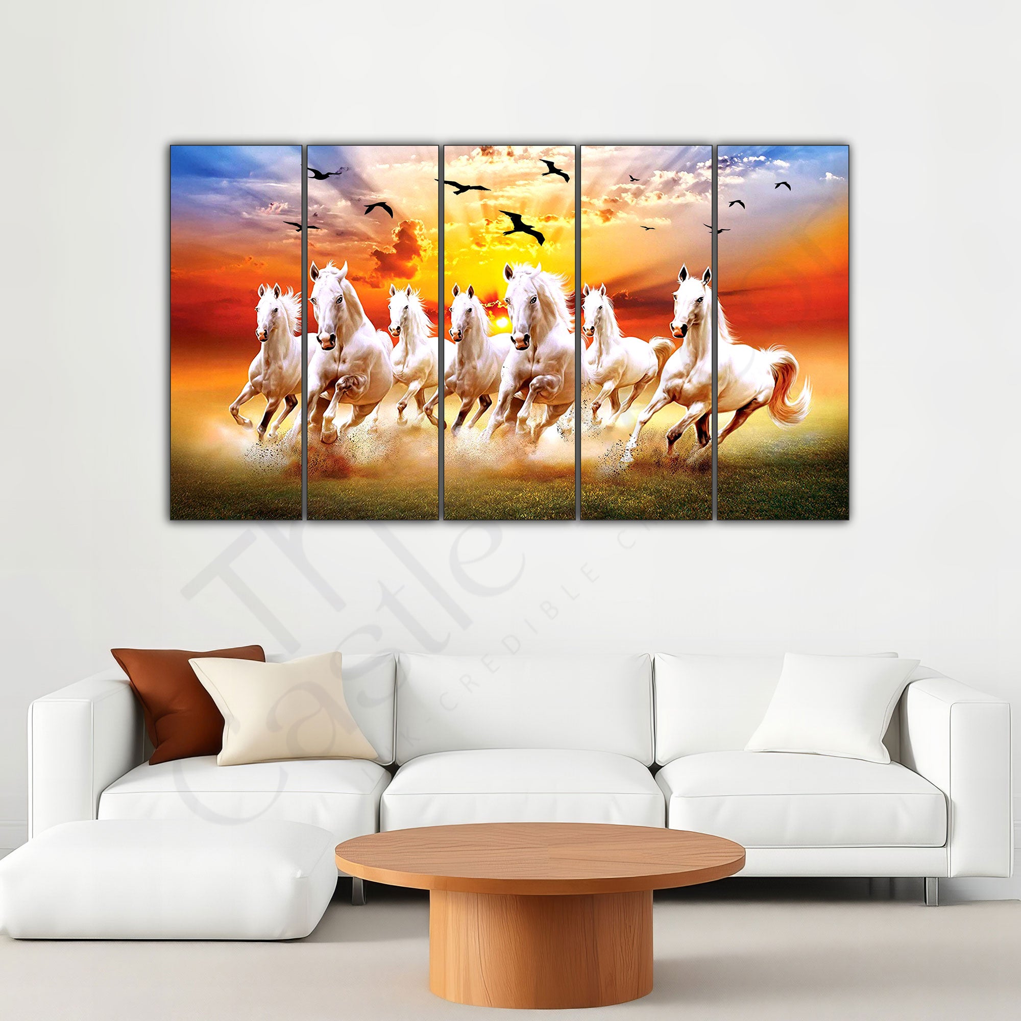 Vaastu 7 Beautiful Horses Set of 5 Big Size Multiple Frames Wall Art Painting for living room,Bedroom,Drawing room,Hotels-Wooden Framed-Digital Painting