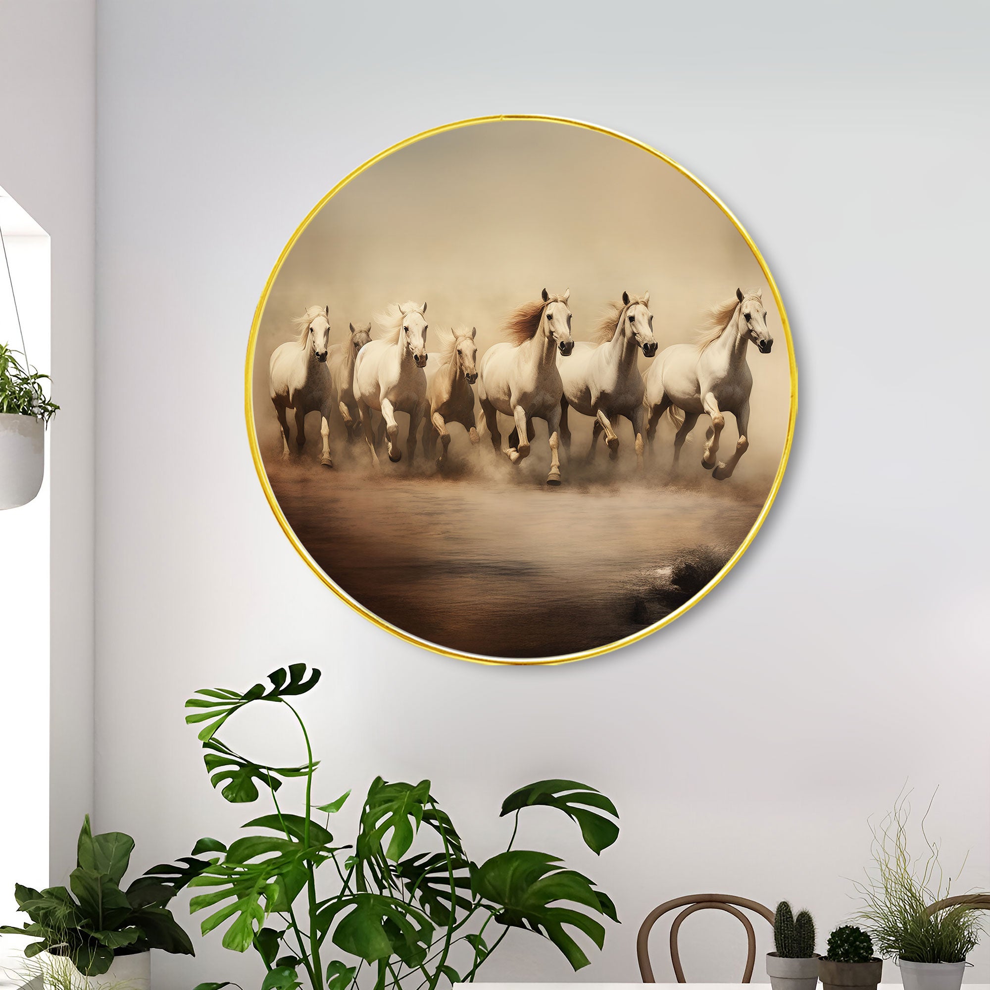 The Castle Decor 7 Running Horses Vastu Round Wall Art | Positive Energy Golden Frame Painting for Home, Hotel, Office & Gift Décor