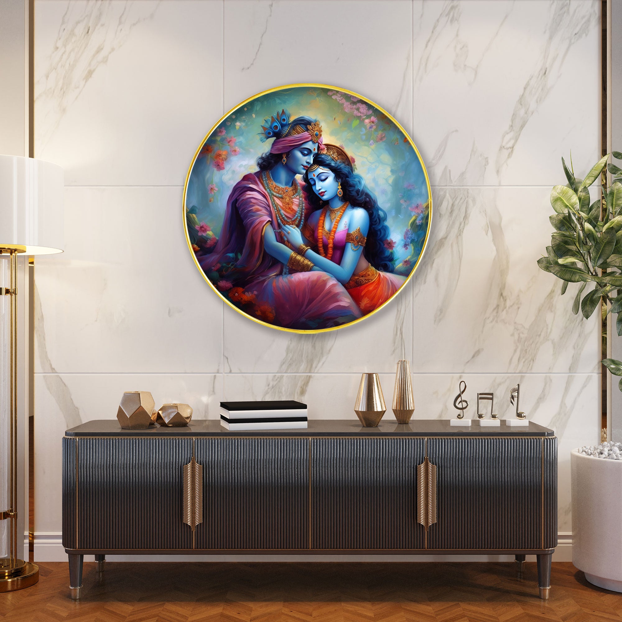 The Castle Decor Radha Krishna Ji Wall Hanging Round | Elegant Golden Frame Spiritual Love Artwork for Home, Hotel, Office & Gift Decoration
