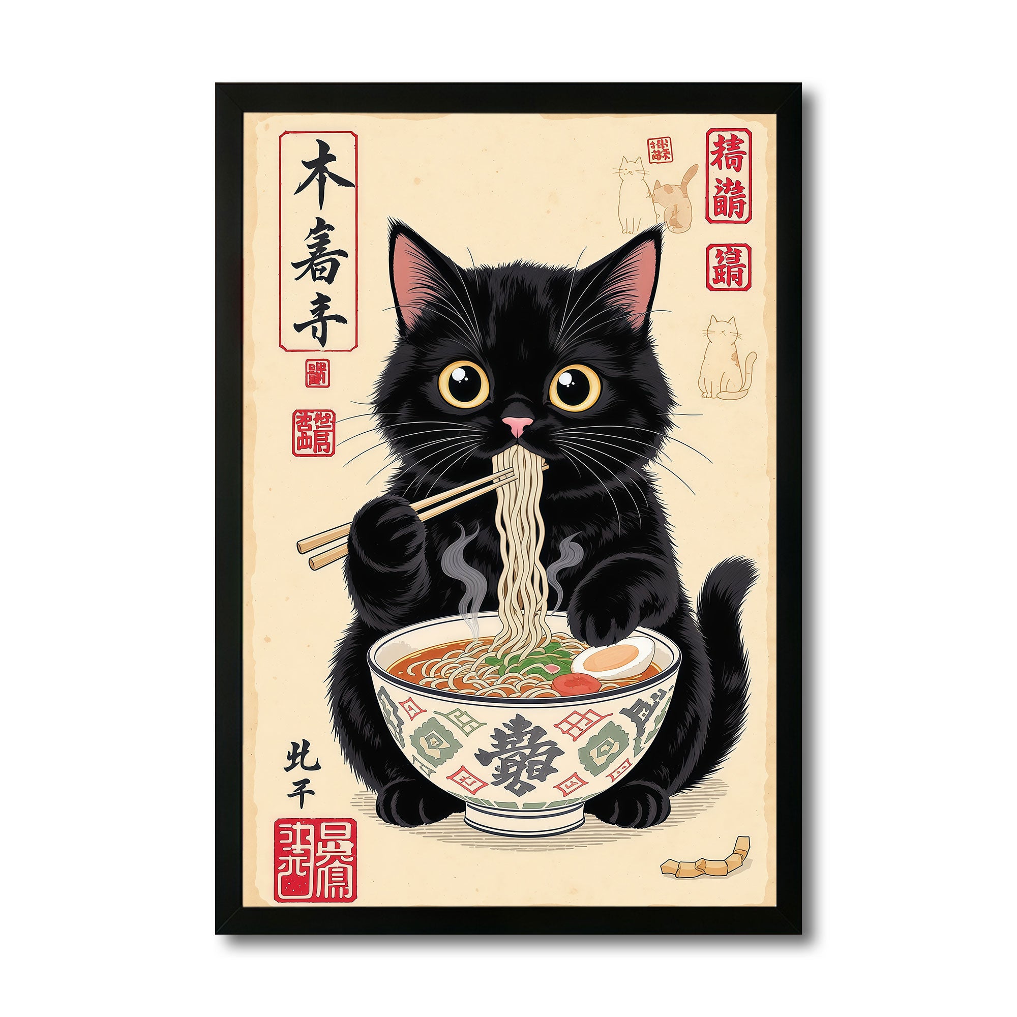 The Castle Decor Cute Cat Eating Ramen Wall Art Frame  | Japanese Kitchen Decor | Sparkle Finish Painting with Premium Fiber Frame for Home, Café & Dining