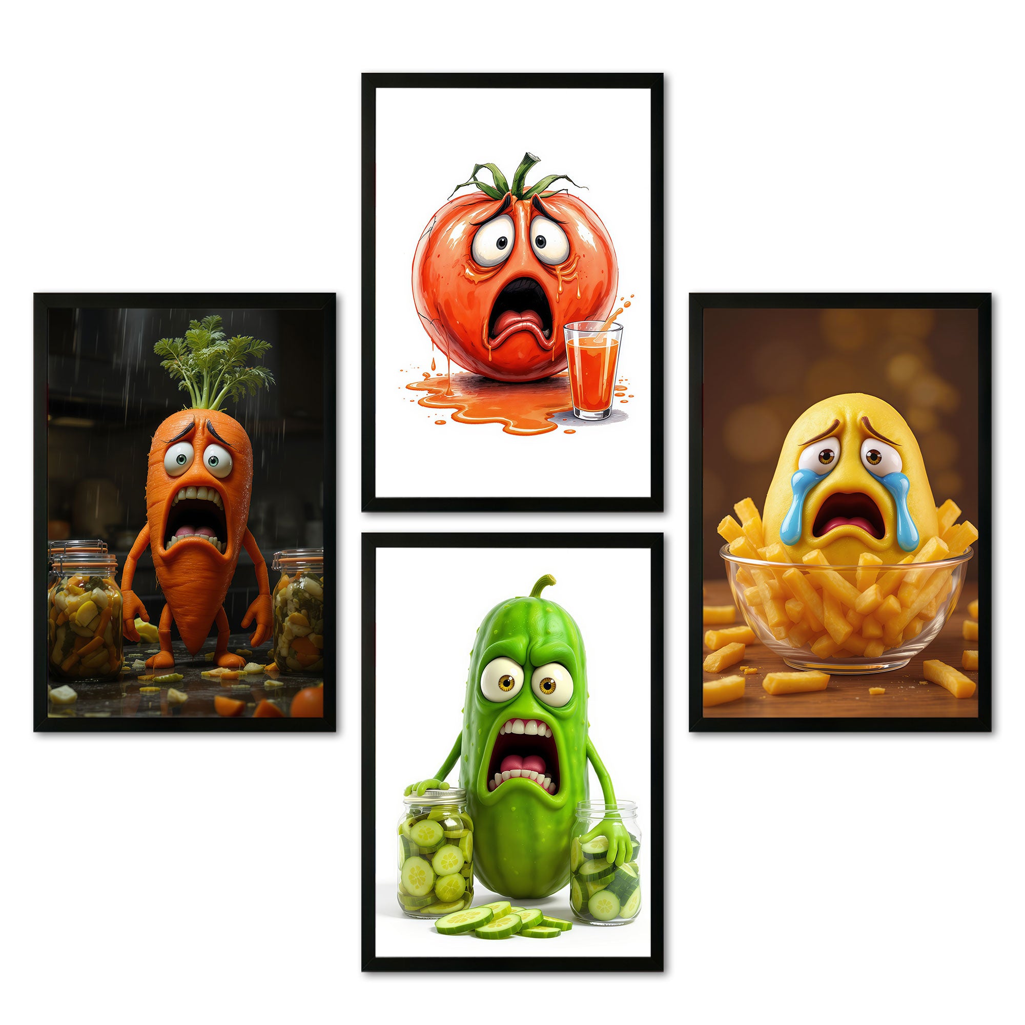 The Castle Decor Funny Kitchen Wall Art Set of 4 Frame | Cartoon Food Characters Decor | Sparkle Lamination Finish with Premium Fiber Frame for Kitchen & Café