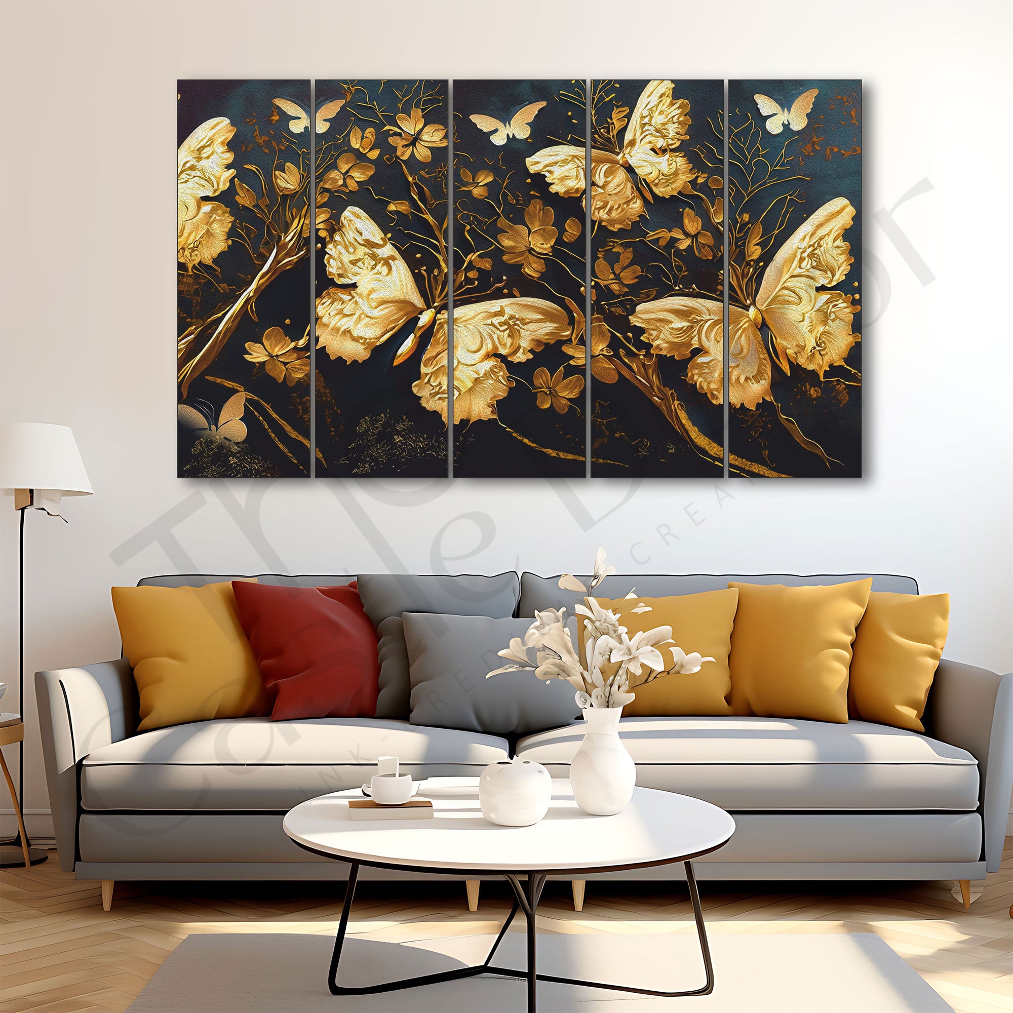Golden Butterflies Painting Set of 5 for Home Decoration