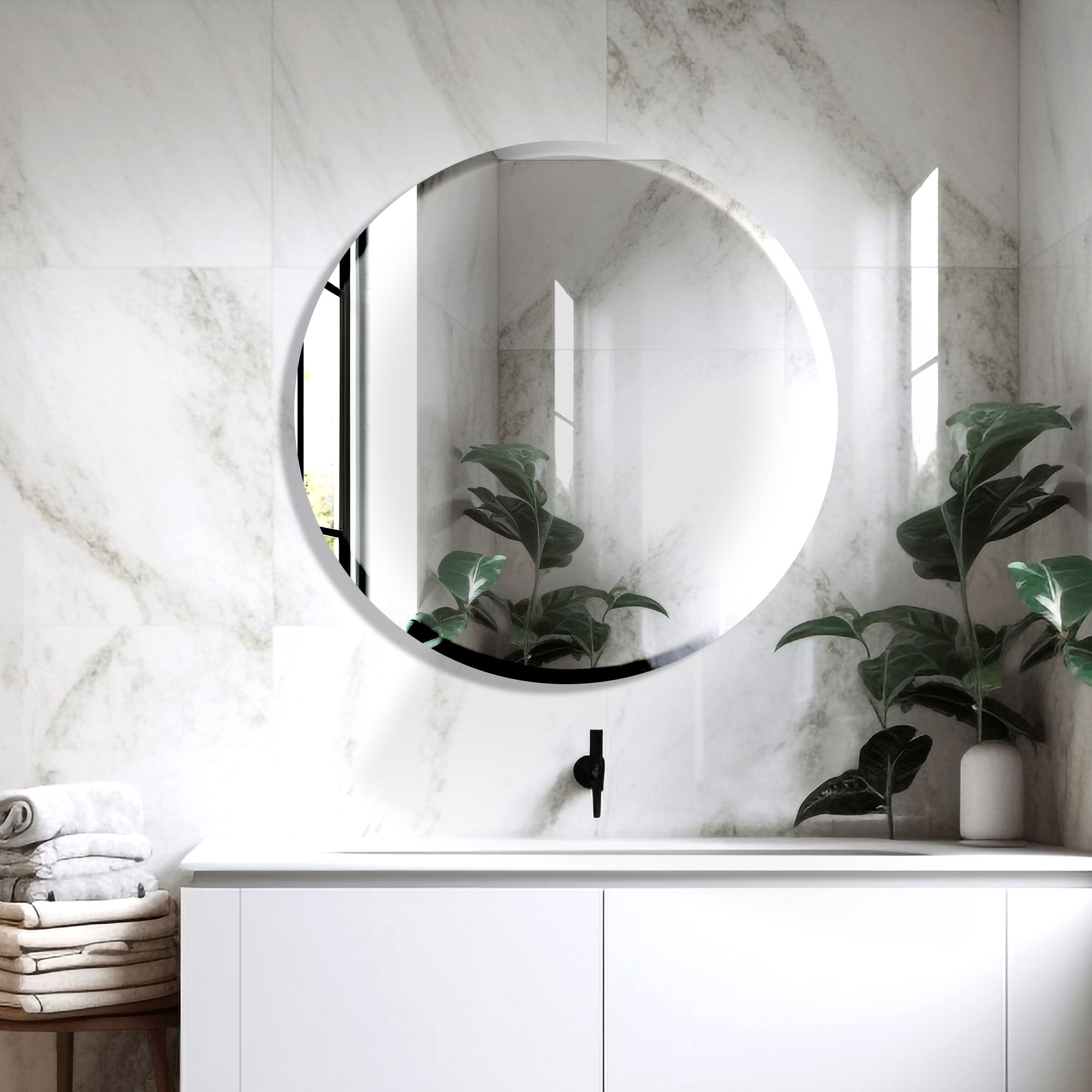 The Castle Decor Round Glass Mirror for Bathroom Wall, Frameless 5mm Silver Glass Mirror with Beveled Edges, 24x24 Inch