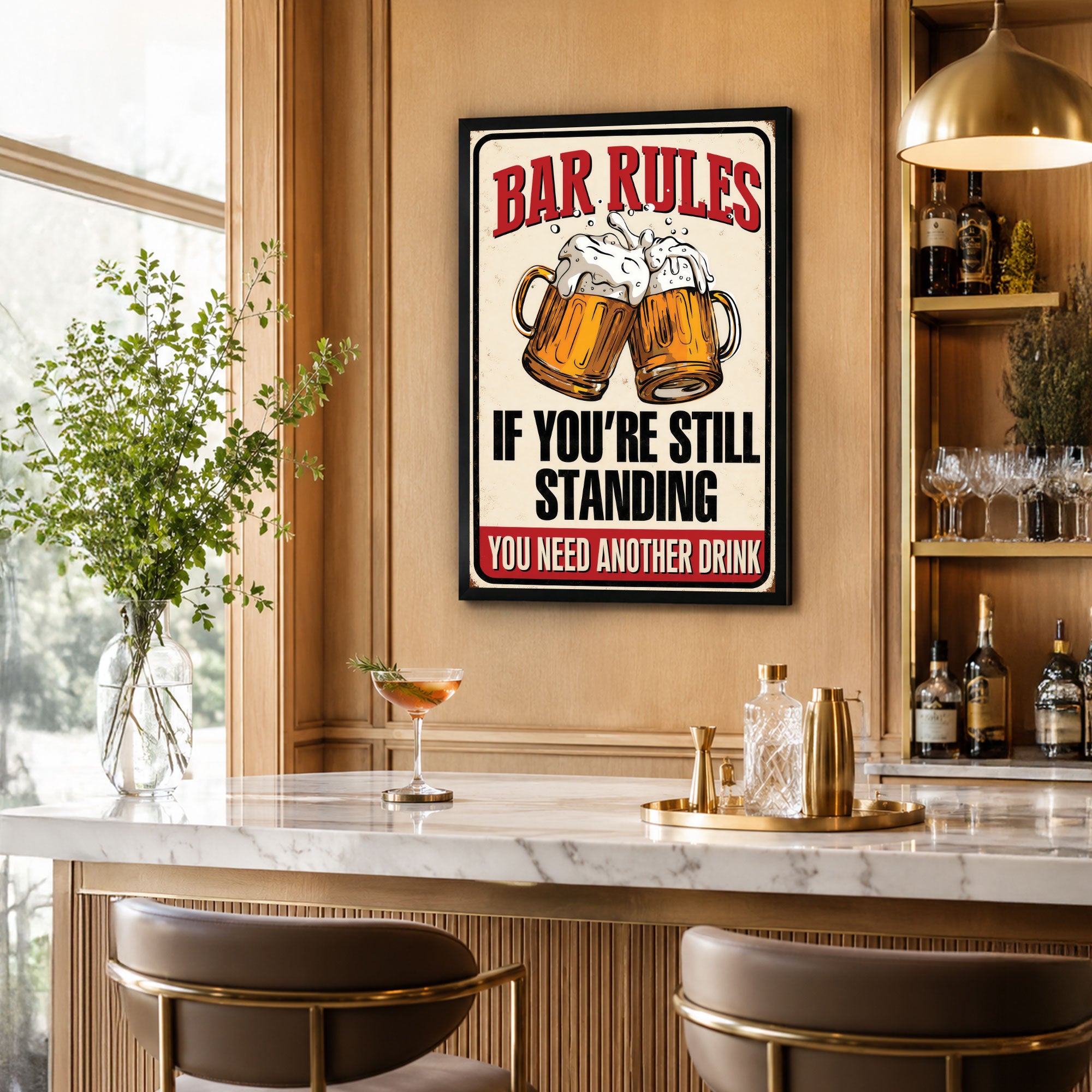 Funny Bar Rules Wall Poster – If You’re Still Standing You Need Another Drink | Vintage Bar Decor for Pub, Lounge & Home Bar