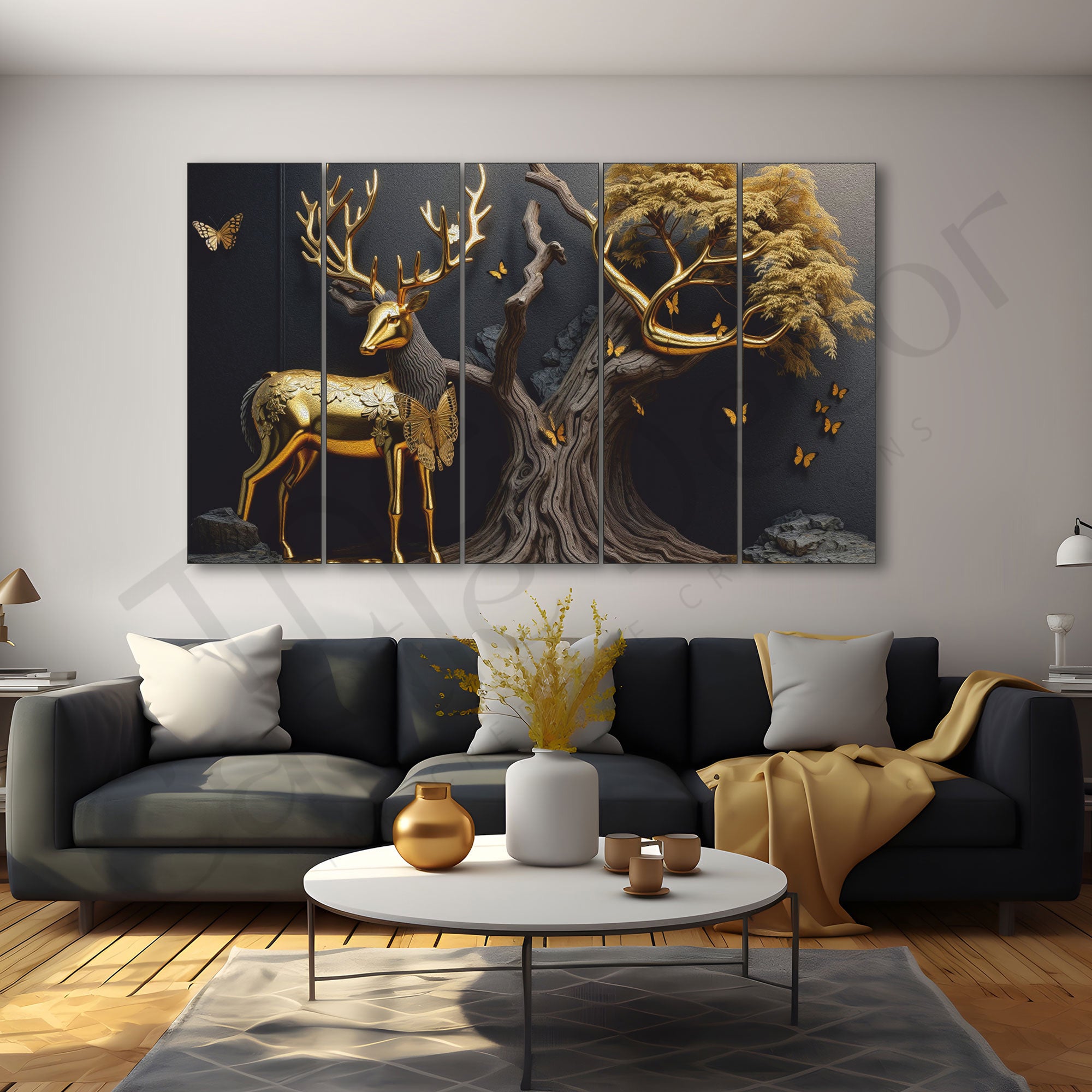 Golden Deer Painting Set of 5 for Home Decoration