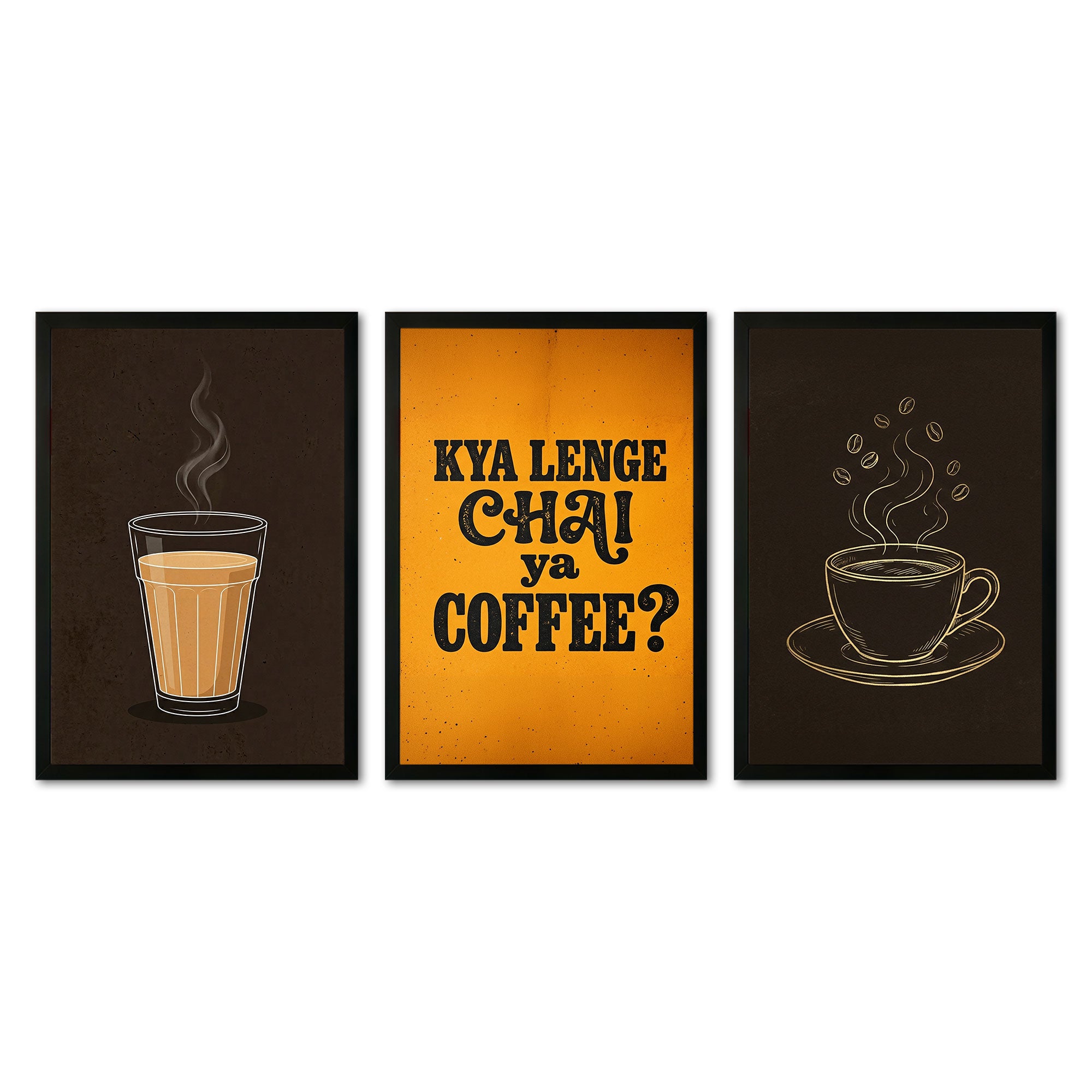 The Castle Decor Chai Coffee Wall Art Set of 3 Frame | “Kya Lenge Chai Ya Coffee” Kitchen Decor | Sparkle Lamination Finish with Premium Fiber Frame