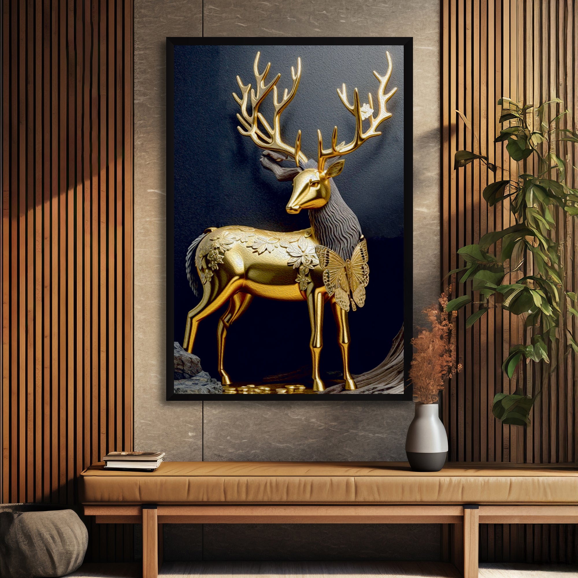 The Castle Decor Golden Deer Wall Painting | Lucky Charm Abstract Deer Art for Living Room & Bedroom | Big Size Multicolor Canvas Wall Decoration with Frame (20x30 Inch)