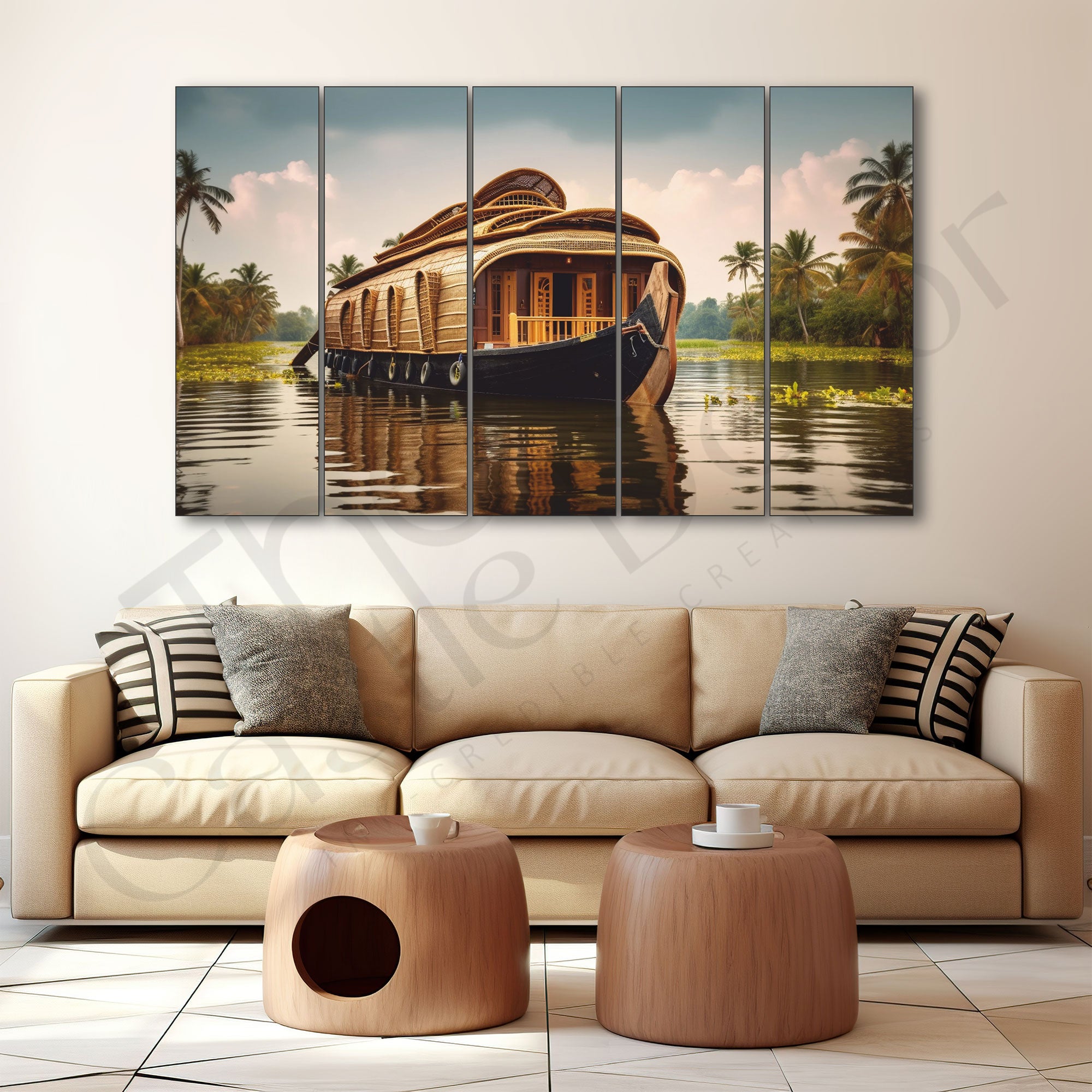 Kerala Houseboat Painting Set of 5 for Home Decoration