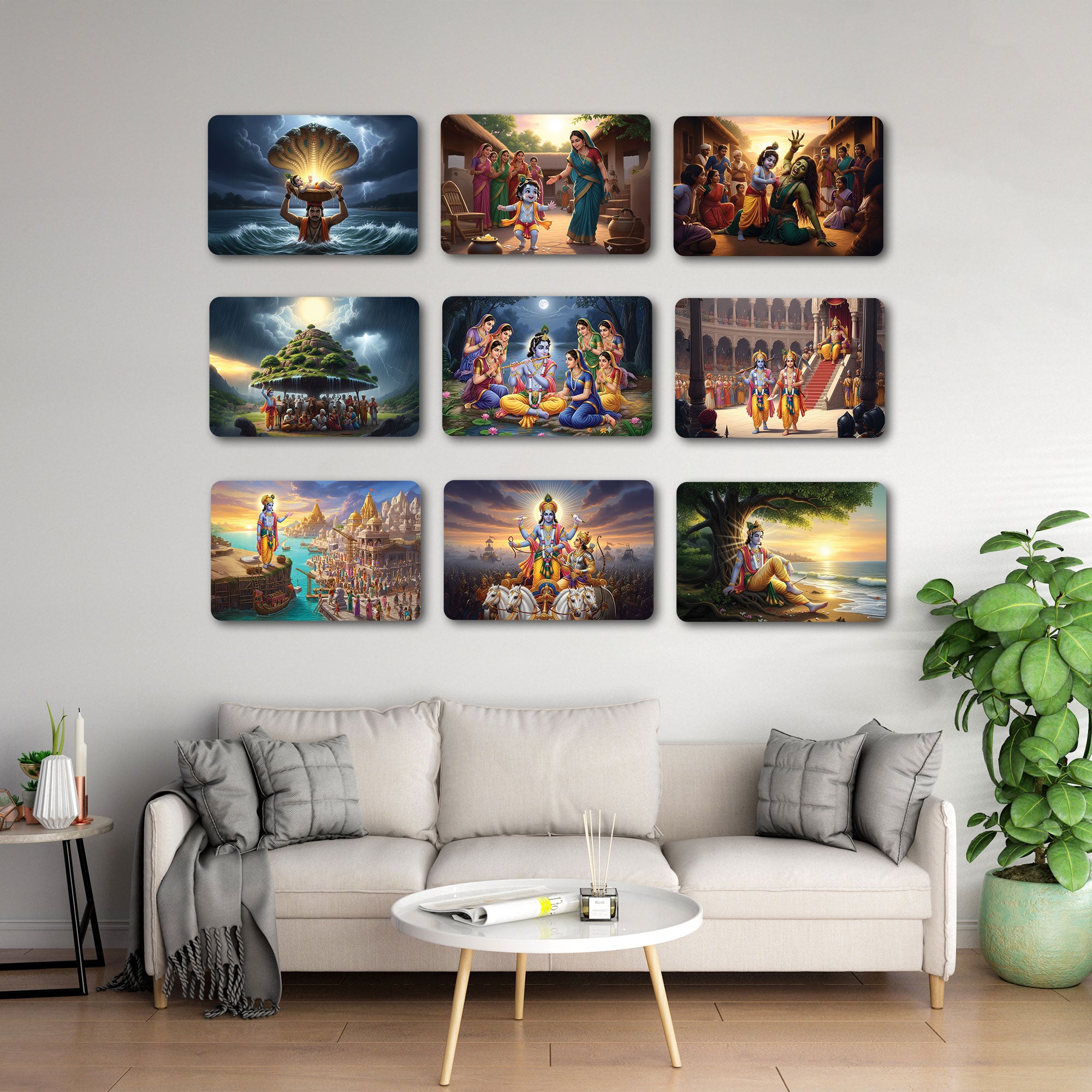 Radha Krishna Wall Plates – Set of 9 Round Decorative Spiritual Art Pieces for Home & Prayer Room