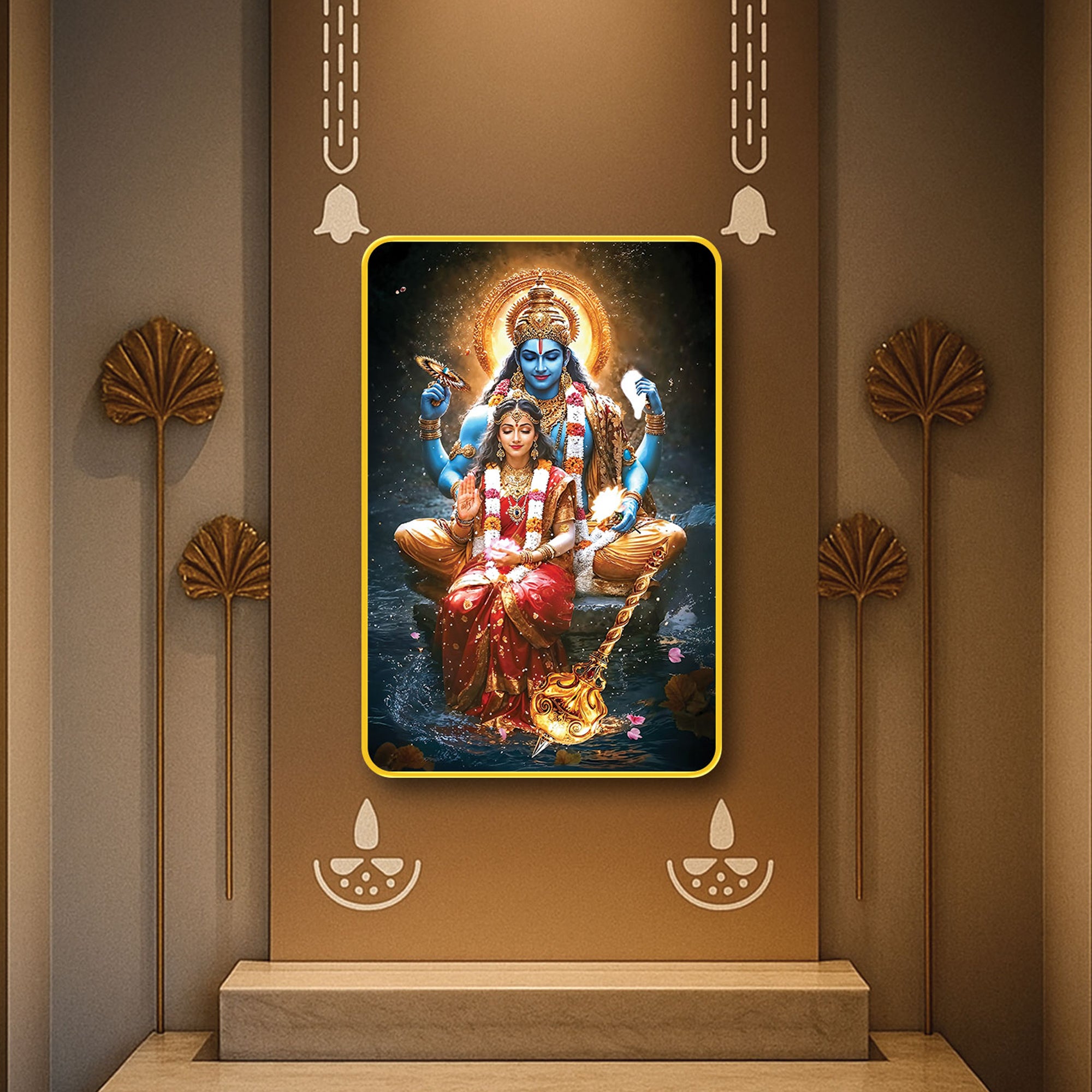 The Castle Decor Vishnu Lakshmi Digital Wall Art | Sparkle Laminated Golden Frame | Divine Spiritual Décor for Pooja Room, Mandir, Home & Office 20X30