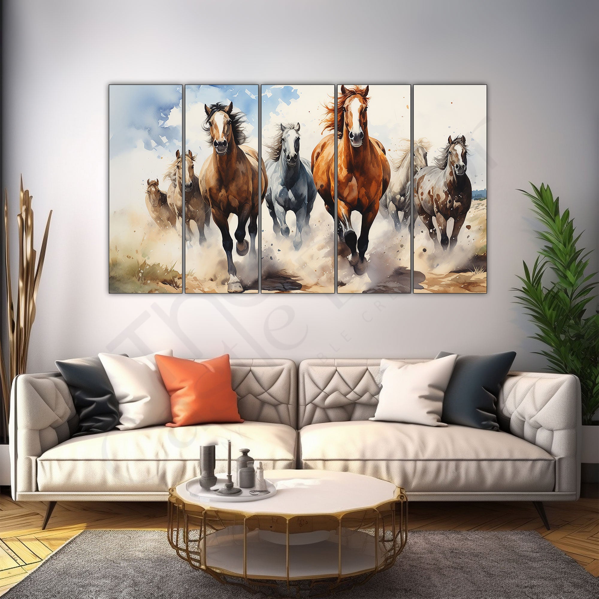 Watercolour 7 Running Vaastu Horses Painting Set of 5 for Home Decoration