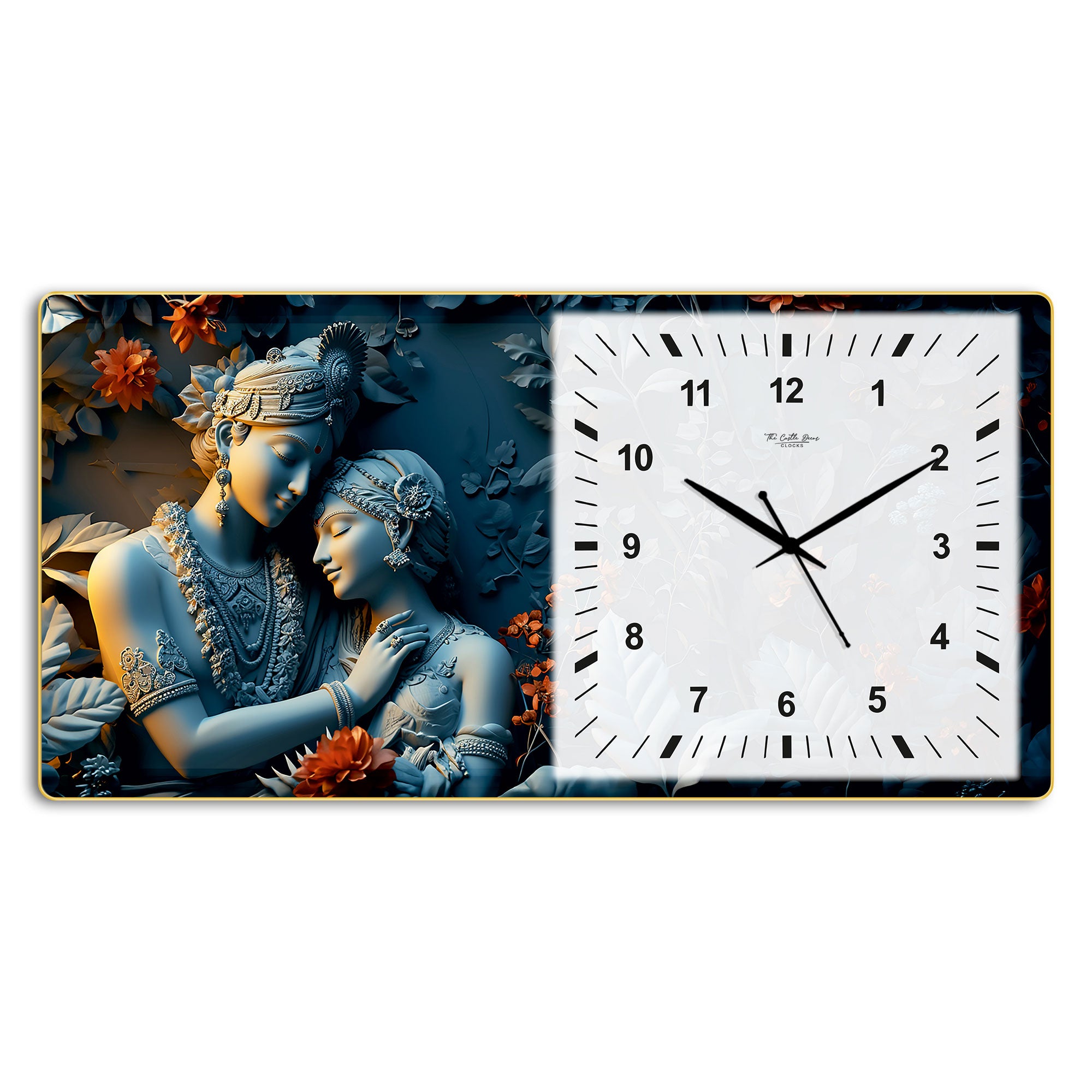 The Castle Decor Radha Krishna Decorative Wall Clock 24x12 Inch, Silent Sweep Non-Ticking Modern Wall Clock with Golden Slim Frame