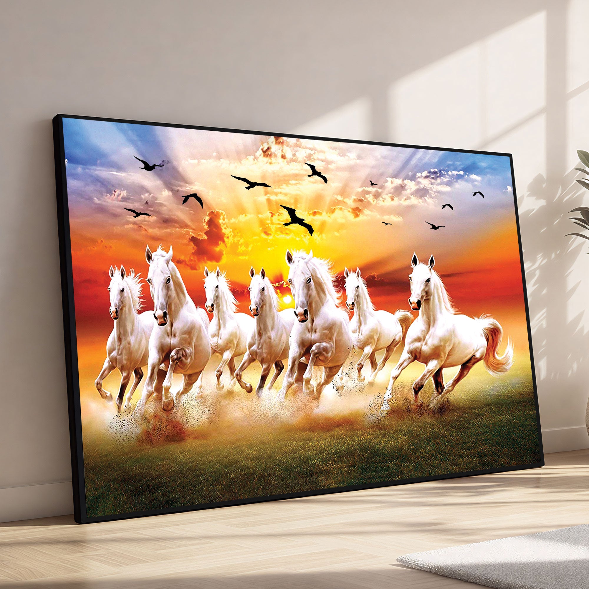 The Castle Decor 7 Running White Horses Wall Painting, Sunrise Sunset Theme, Vastu Wall Art for Living Room, Office, Bedroom Decor 20X30  inch -1003