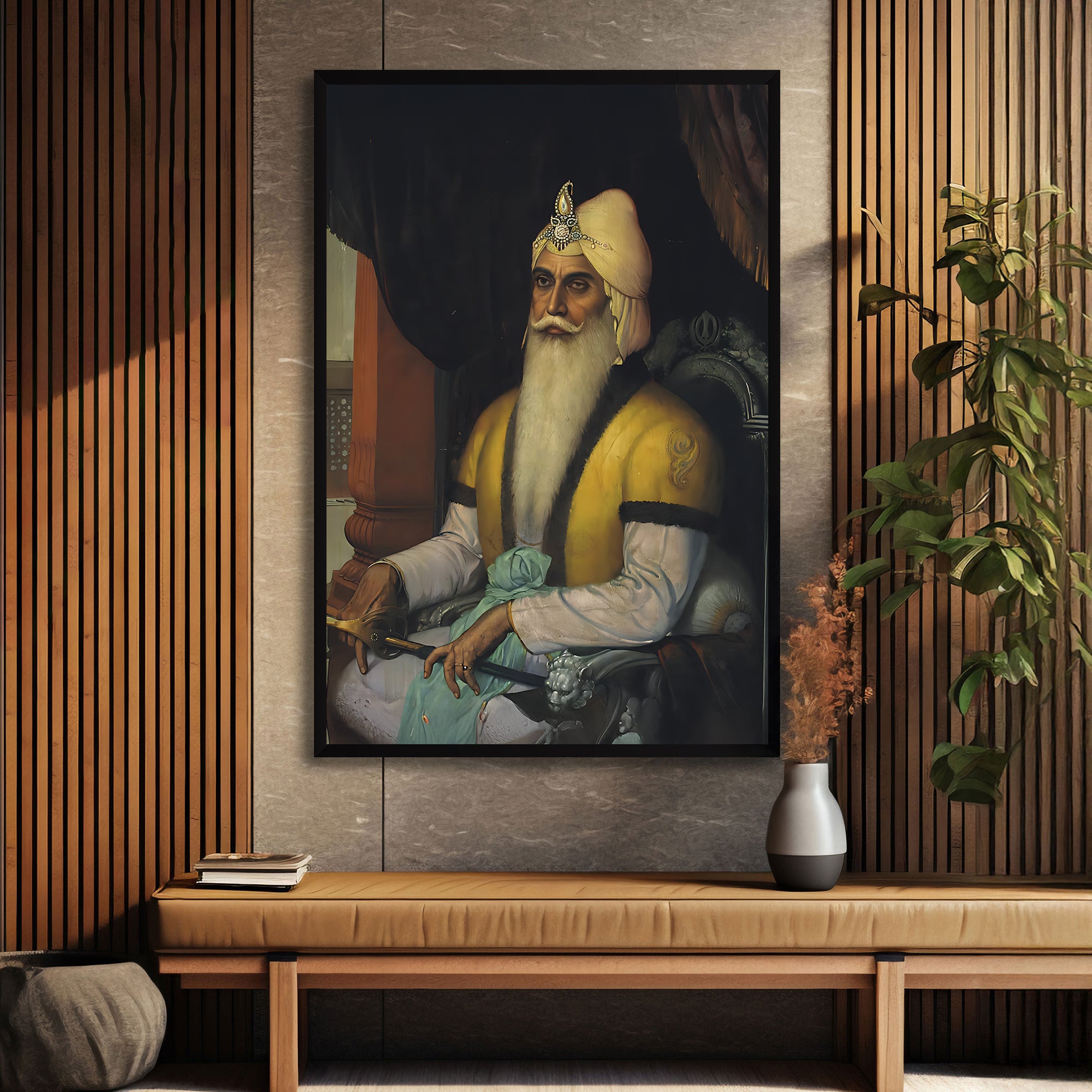 The Castle Decor Maharaja Ranjit Singh Wall Painting | Sikh Emperor Art for Living Room & Office | Big Size Framed Historical Artwork | Multicolor Textured Punjab Heritage Painting (20x30 Inch)-1