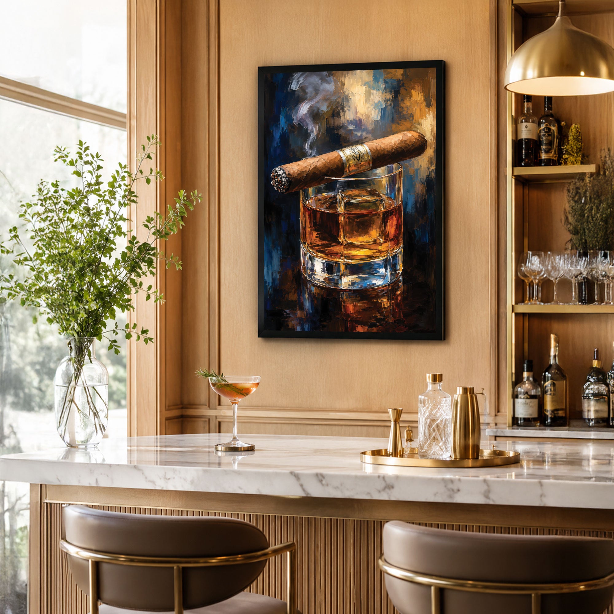 The Castle Decor Luxury Cigar & Whiskey Glass Wall Painting for Bar, Lounge, Man Cave, Pub Decor | Framed Wall Art for Home Bar