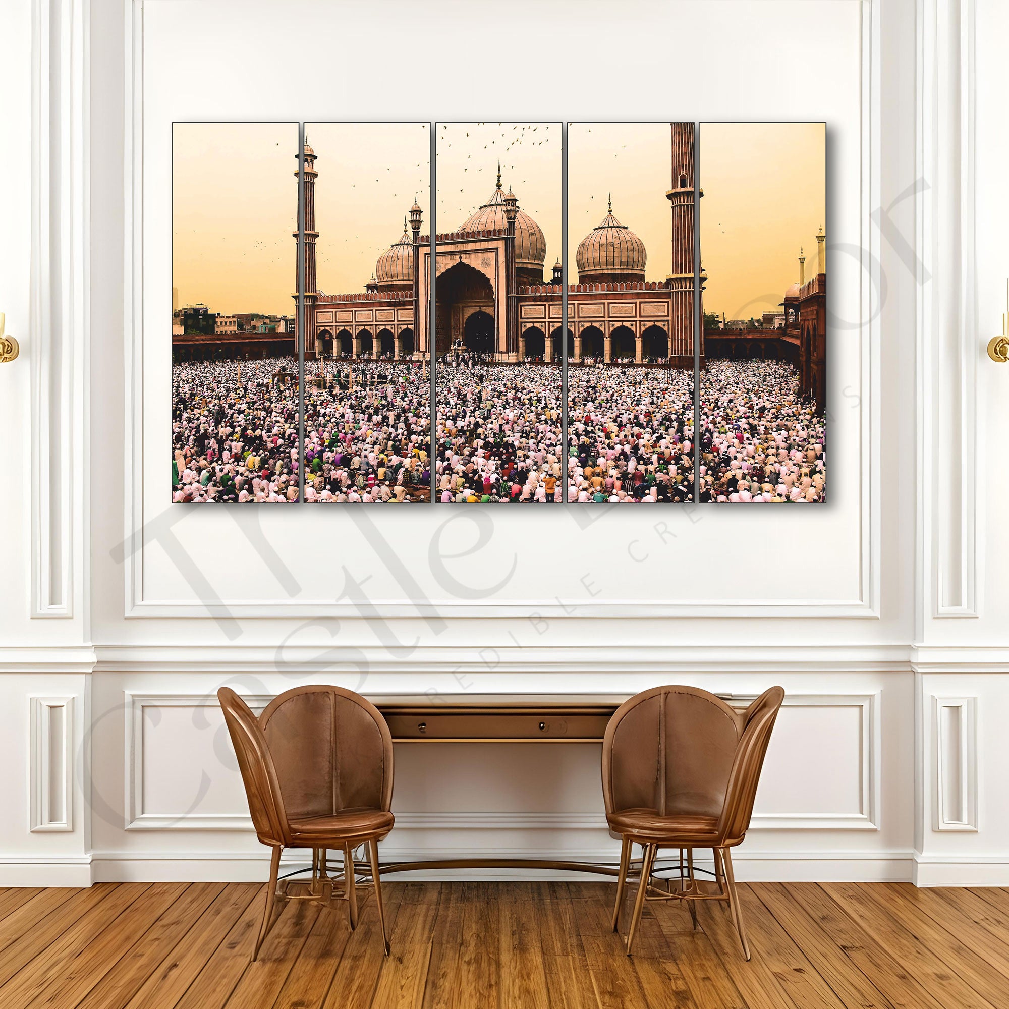Islamic Ramadan Jama Masjid Set of 5 Big Size Multiple Frames Wall Art Painting for living room,Bedroom,Drawing room,Hotels-Wooden Framed-Digital Painting 27X48