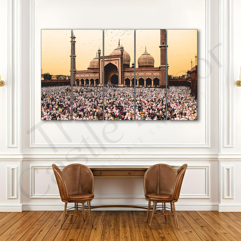 Islamic Ramadan Jama Masjid Set of 5 Big Size Multiple Frames Wall Art Painting for living room,Bedroom,Drawing room,Hotels-Wooden Framed-Digital Painting