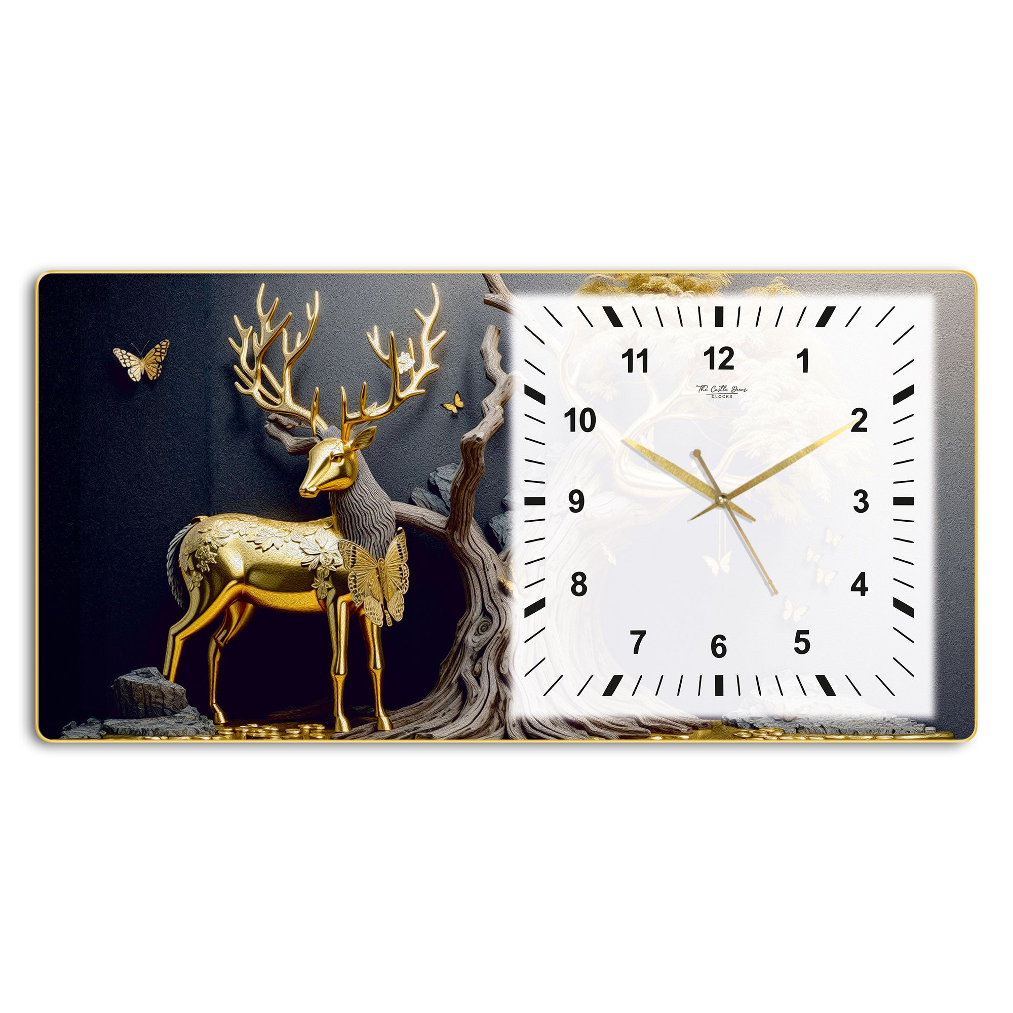 The Castle Decor Golden Deer Decorative Wall Clock 24x12 Inch, Silent Sweep Non-Ticking Modern Wall Clock with Golden Slim Frame