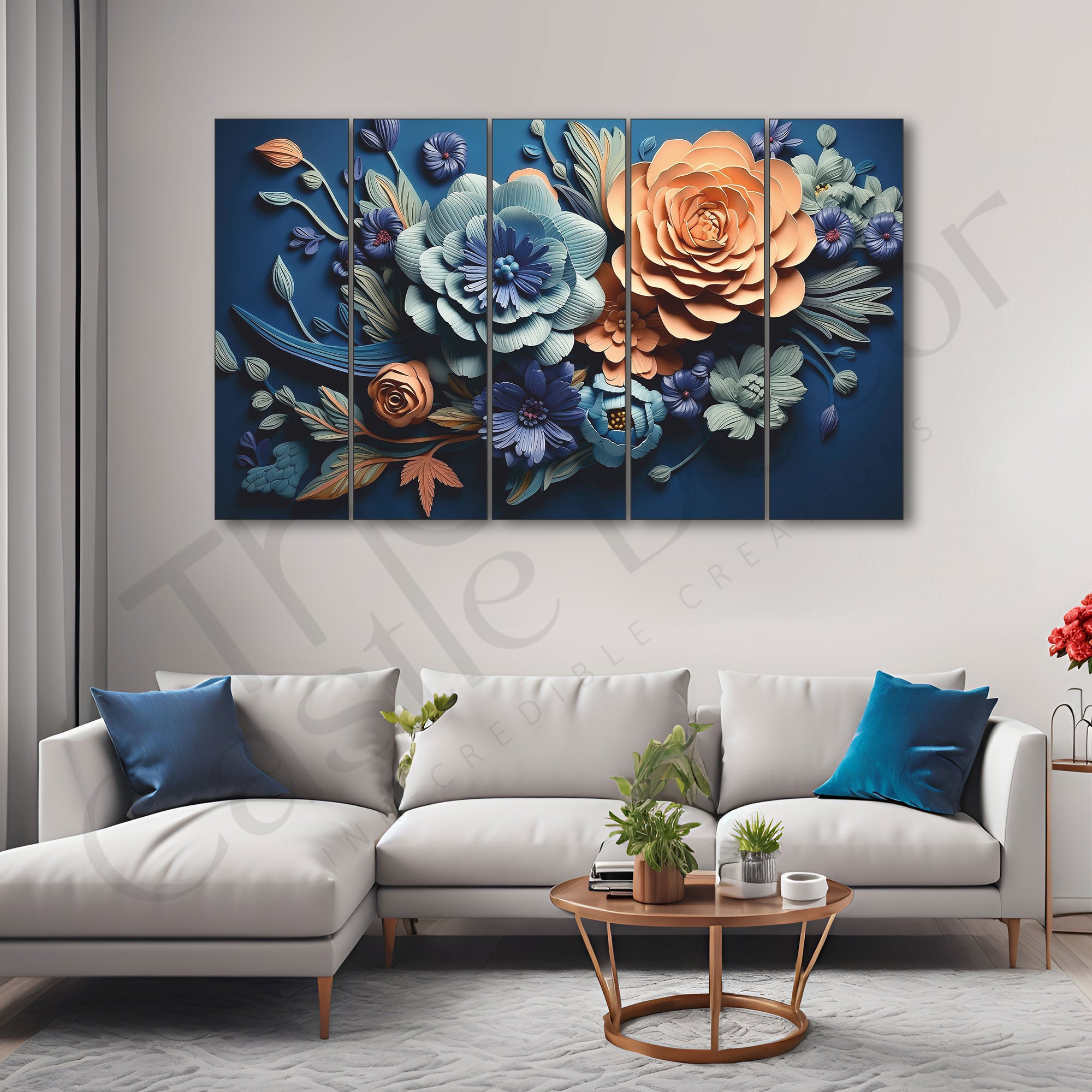Multicoluor Flowers Painting Set of 5 for Home Decoration 27x48"