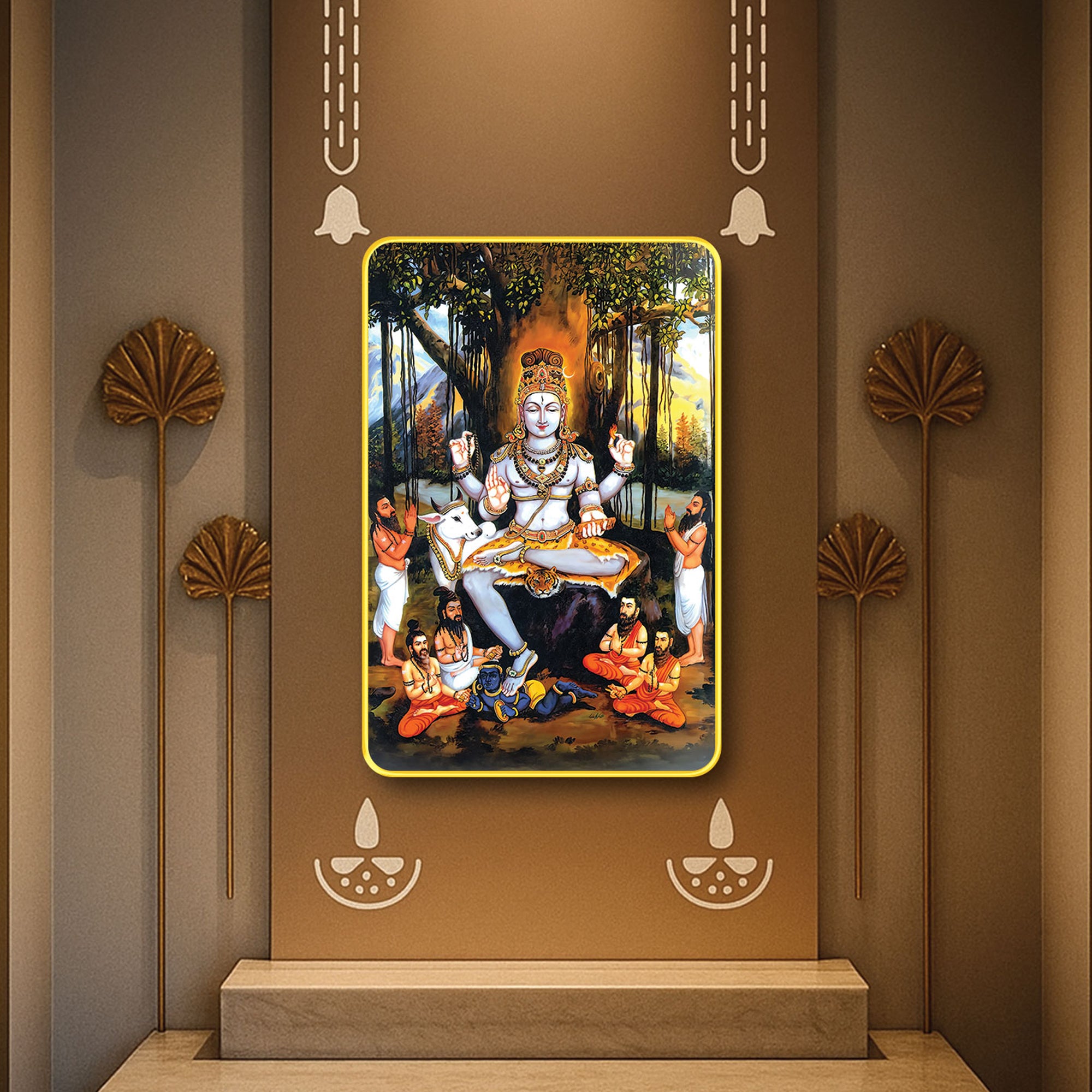 The Castle Decor Guru Dakshinamurthy MDF Digital Print Wall Frame | 20X30 Inch | Sparkle Lamination with Golden Slim Frame | Hindu Spiritual Wall Art for Home, Temple & Office Decor